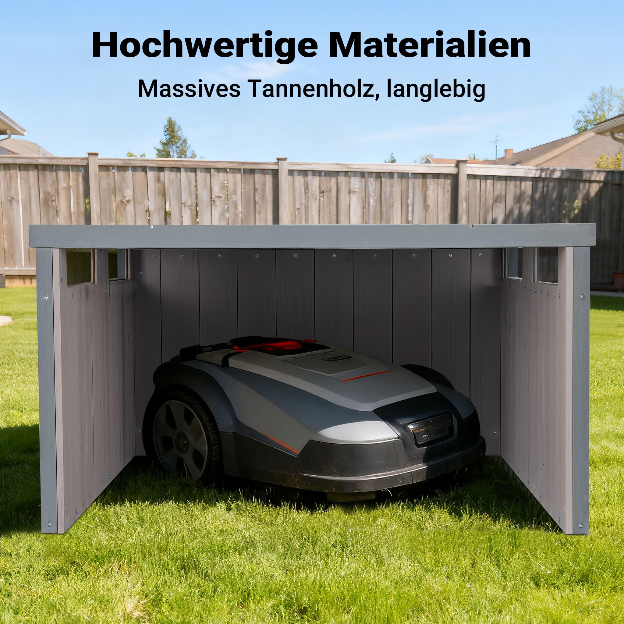 Wiltec Garage de Robot Tondeuse – 800 x 700 x 380 mm – Couleur Grise – en Bois Massif et avec Toit Plat – Abri Carport de Jardinage Tonte de Gazon