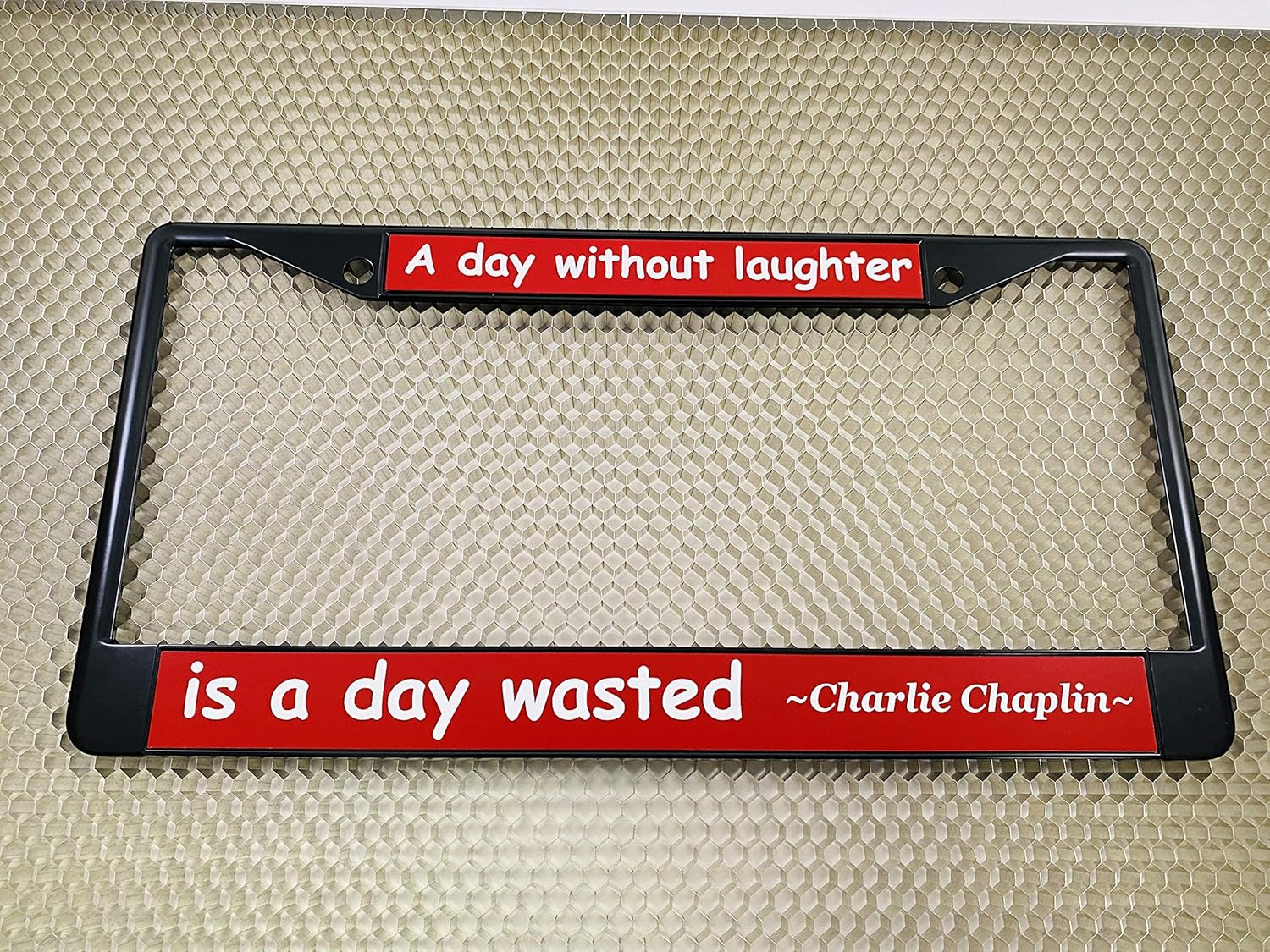 Custom Personalized Black Powder-Coated Metal Laser Engraved Standard Size - Car/Automobile License Plate Frame with Free caps - Red/White Text (Qty: 1 Frame)