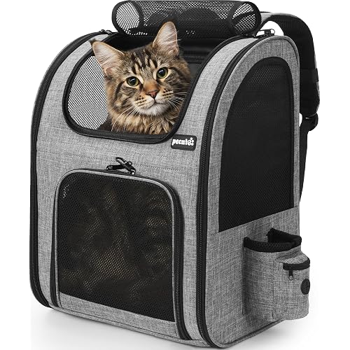 Pecute Cat Backpack, Adult Cat Backpackswith Breathable Mesh, Collapsible Small Dog Backpack, Pet Backpack with Multi-Pockets, Great for Travel Hiking Camping (Gray)