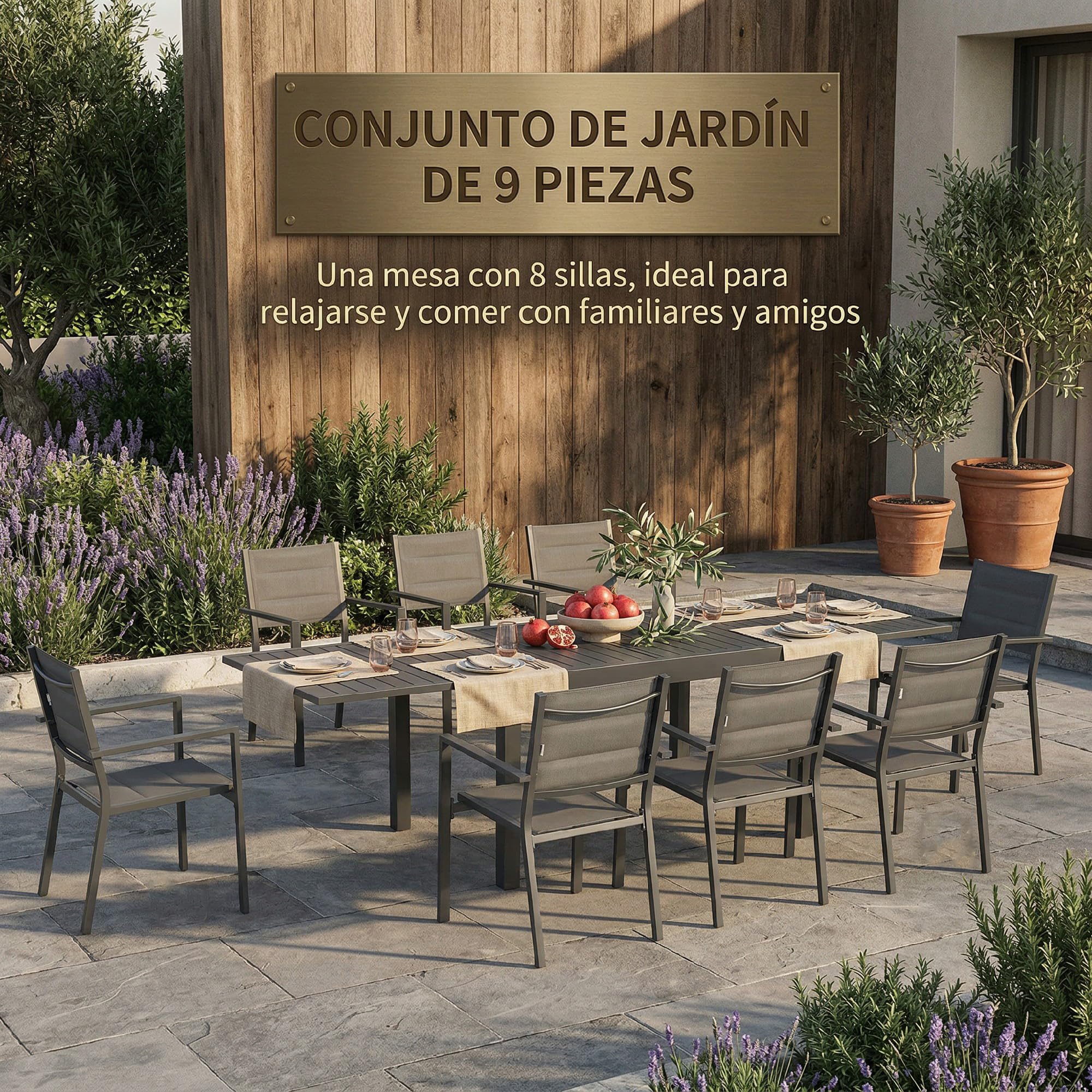 Outsunny Conjunto de Muebles de Jardín de 9 Piezas Mesa Extensible Gris | 8 Sillas Apilables, Juegos de Comedor de Jardín Exterior, Estructura de Aluminio, Terraza y Patio
