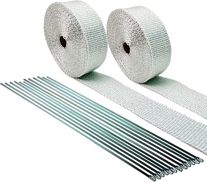 WHITE High Temperature Header Exhaust Pipe Insulation Wrap Kit 2 Rolls each 2 INCH WIDE X 25 FEET LONG with Stainless Steel Zip Ties Kit- Thermal Zero - WT116225TKX2