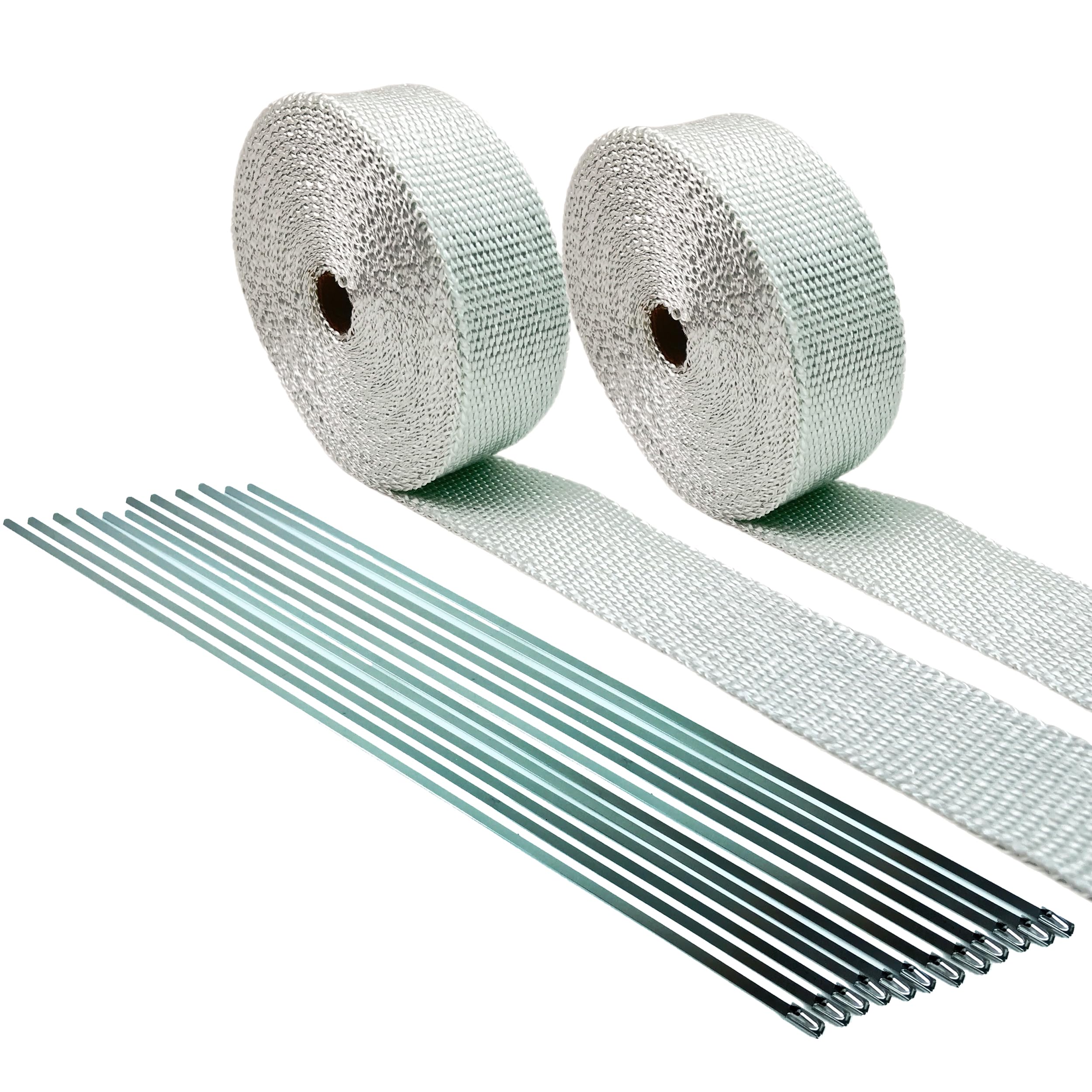 WHITE High Temperature Header Exhaust Pipe Insulation Wrap Kit: 2 Rolls each 2 INCH WIDE X 25 FEET LONG with Stainless Steel Zip Ties Kit- Thermal Zero - WT116225TKX2