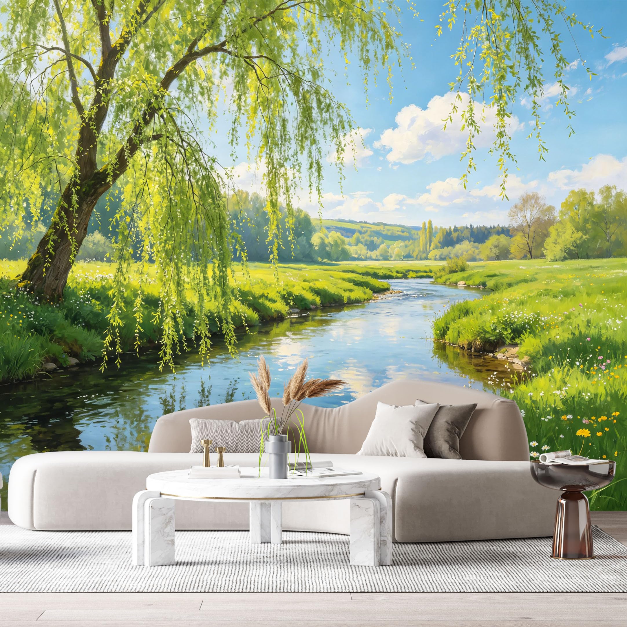 Custom Size Wall Murals Willow Tree Landscape Watercolor River Meadow Flowers SelfAdhesive Wall Fabric Removable Large Wallpaper for Photo Living Room
