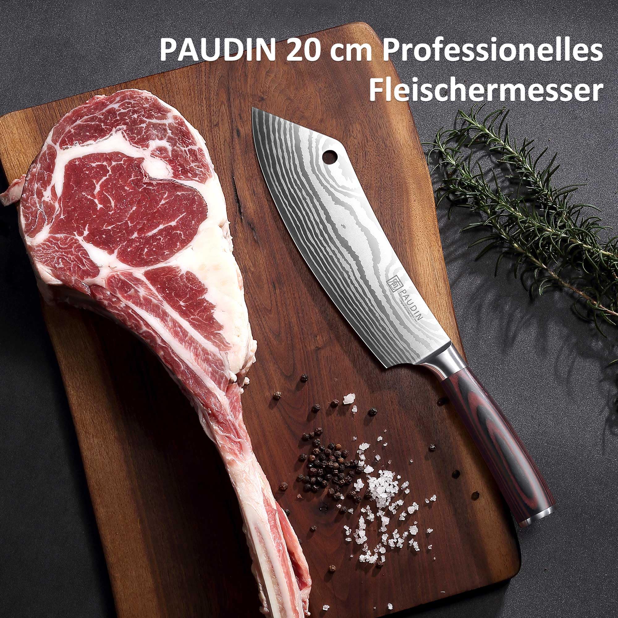 PAUDIN Coltello da cucina, coltello giapponese da 20 cm per disossare, ascia da cucina, coltello da cuoco in acciaio inossidabile di alta qualità, lama extra affilata con impugnatura ergonomica legno