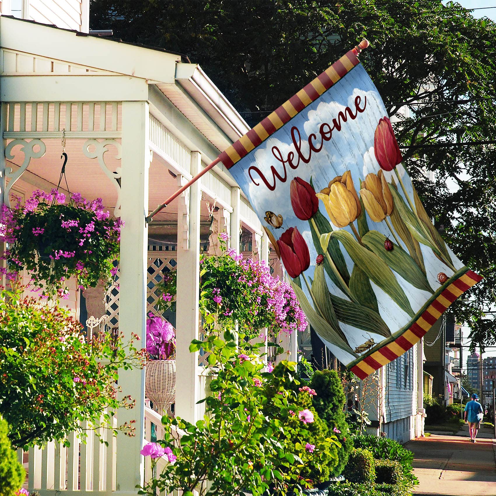 Morigins Gartenflagge 'Welcome Friends' – Doppelseitig, 71x101 Cm, Blumiges Frühlingsdesign – Für Terrasse, Rasen & Draußen