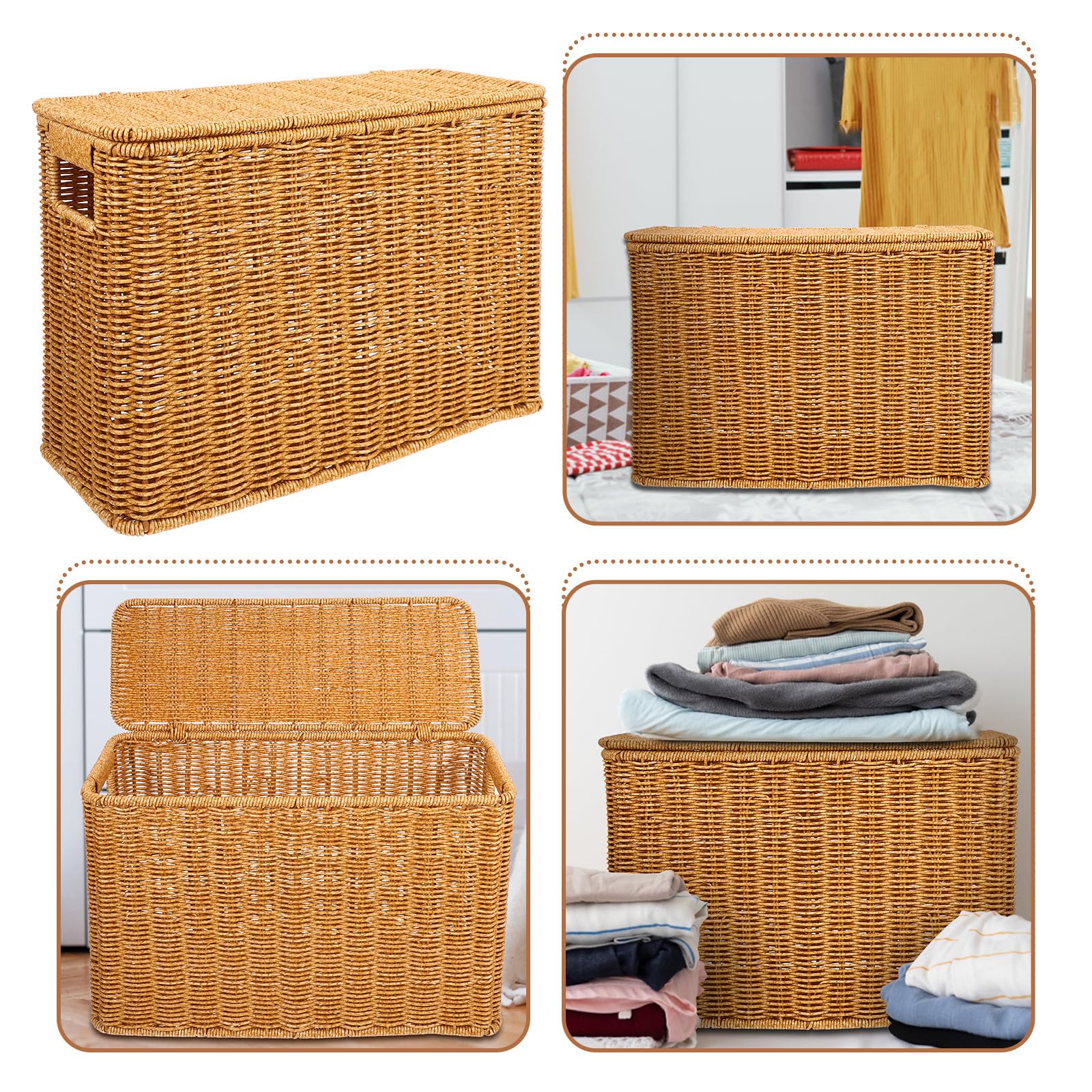 Healeved Kleiner Kunststoff Rattan Aufbewahrungskorb mit Deckel und Griff Schmaler und Zeitschriftenkorb für Haushalt und Büro