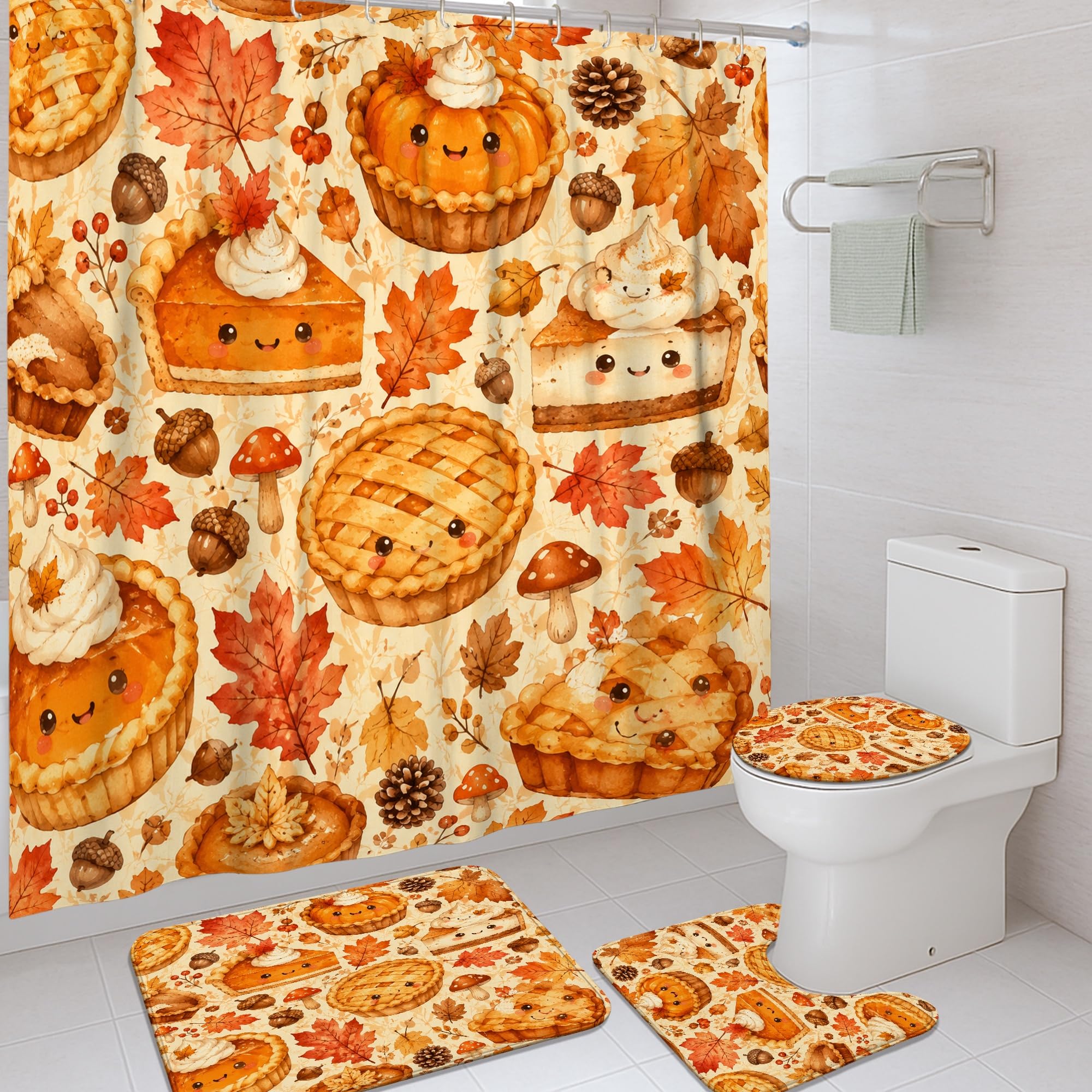 Rideau de douche en toile orange 183x183 cm motif citrouilles et feuilles avec crochets de bain
