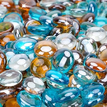 Stanbroil 10-Pound Blended Fire Glass Beads - 1/2 inch Fire Glass Drops Blended Caribbean Blue, Crystal Ice, Caramel Luster for Indoor and Outdoor Gas Fire Pits and Fireplaces | Blended Caribbean Blue, Crystal Ice, Caramel Luster Glass Drops for Indoor and Outdoor Gas Fire Pits and Fireplaces