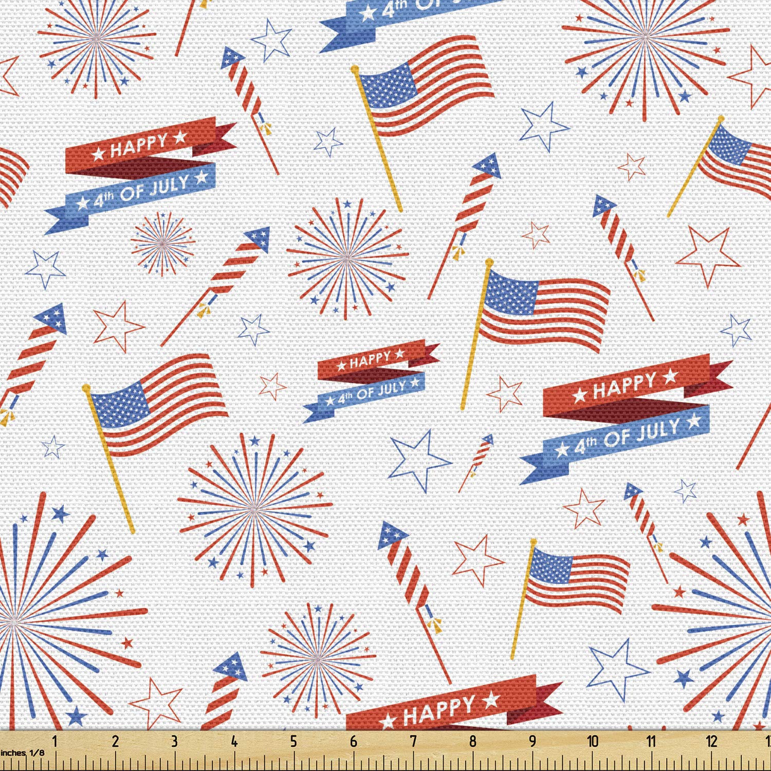 Ambesonne 4th of July Fabric by The Yard, Patriotic July Holiday with American Celebration Flags and Rockets, Decorative Fabric for Upholstery and