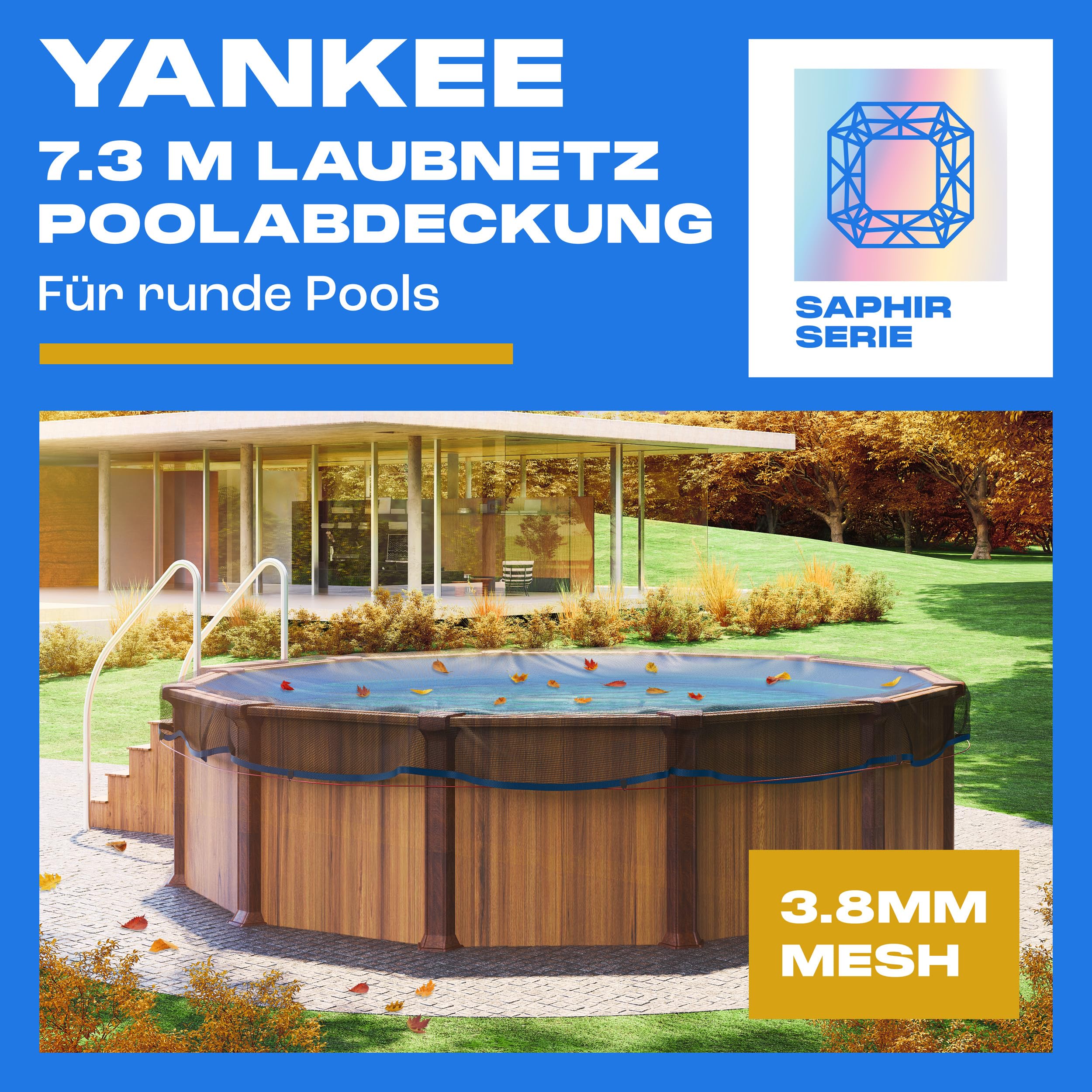 Yankee - Runde Pool Laubschutznetz 850 cm, 0,4 cm Masche, Schutznetz für Aufstellpools, hält Blätter & Schmutz fern, reißfeste Anti-Verstopfungs-Mesh