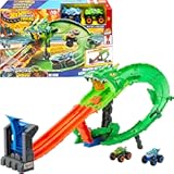 Toy Monster Trucks, Sharks vs. Dinos Dragon Destruction Playset with 1:64 Scale Great Bite & Rageasaur, Race to Defeat The Cyborg Nemesis