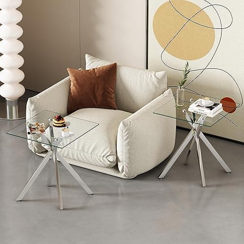 Miniatura 9 de Juego de 2 mesas auxiliares de cristal, mesa auxiliar cuadrada moderna con vidrio templado transparente y marco de metal cromado plateado, mesita de