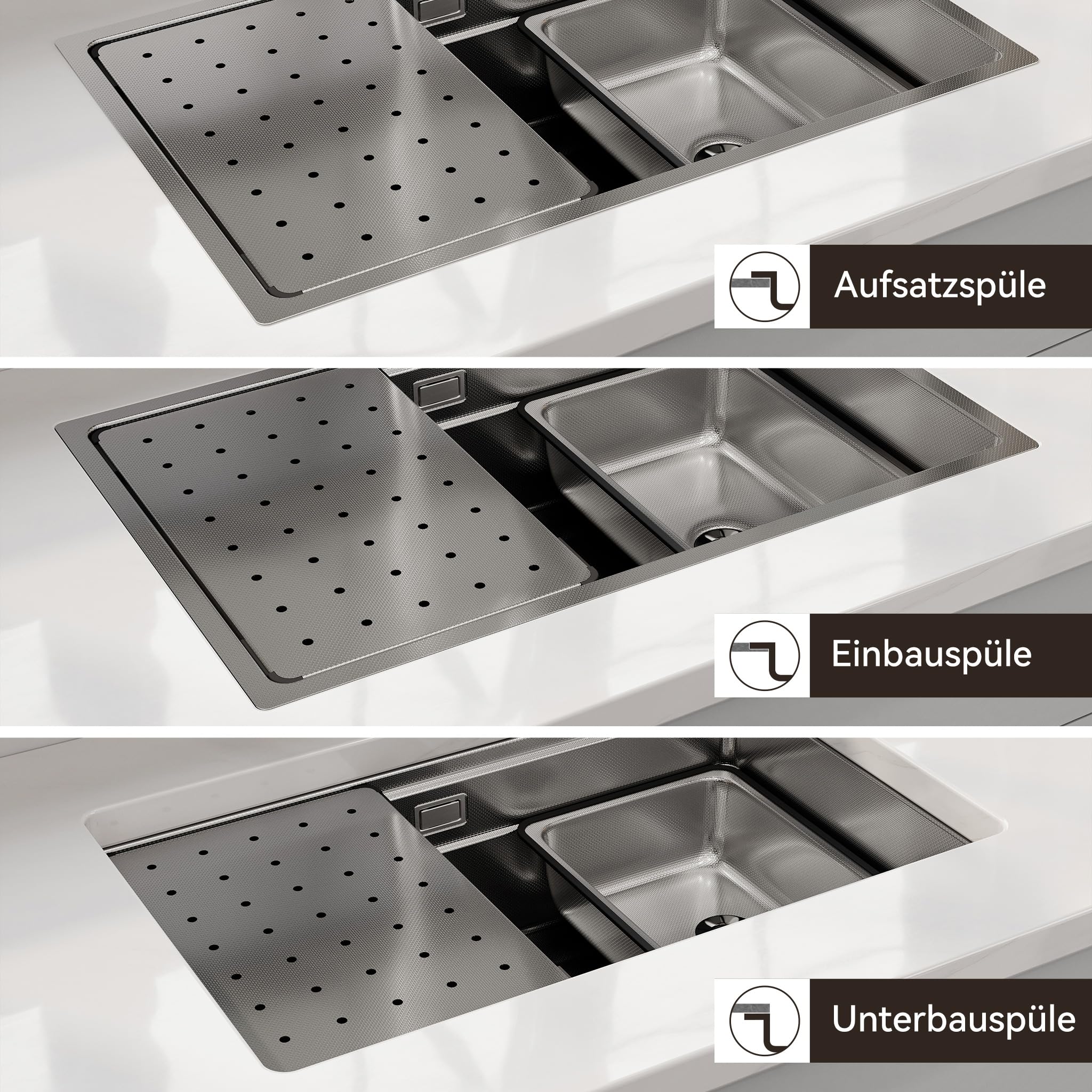 HOROW Spülbecken Edelstahl Multifunktionale 70 × 45 cm mit Siphon Set | Küchenspüle inkl. Schneidebrett und Ersatz-Innenspüle, Großes Fassungsvermögen, ideal für die Familienküche, Schmutzabweisend