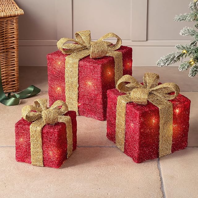 CHRISTOW Light Up Presents, LED Christmas Parcels, Glittery Parcel Lights, Sisal Present Decorations, Battery Operated with Timer (Set of 3 Red & Gold Boxes)