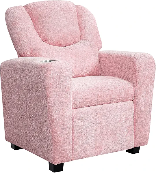 Naomi Home Suri Kids Recliner Chair with Cup Holder & Footrest, Pink Chenille - Cozy Lounge for Toddlers & Children
