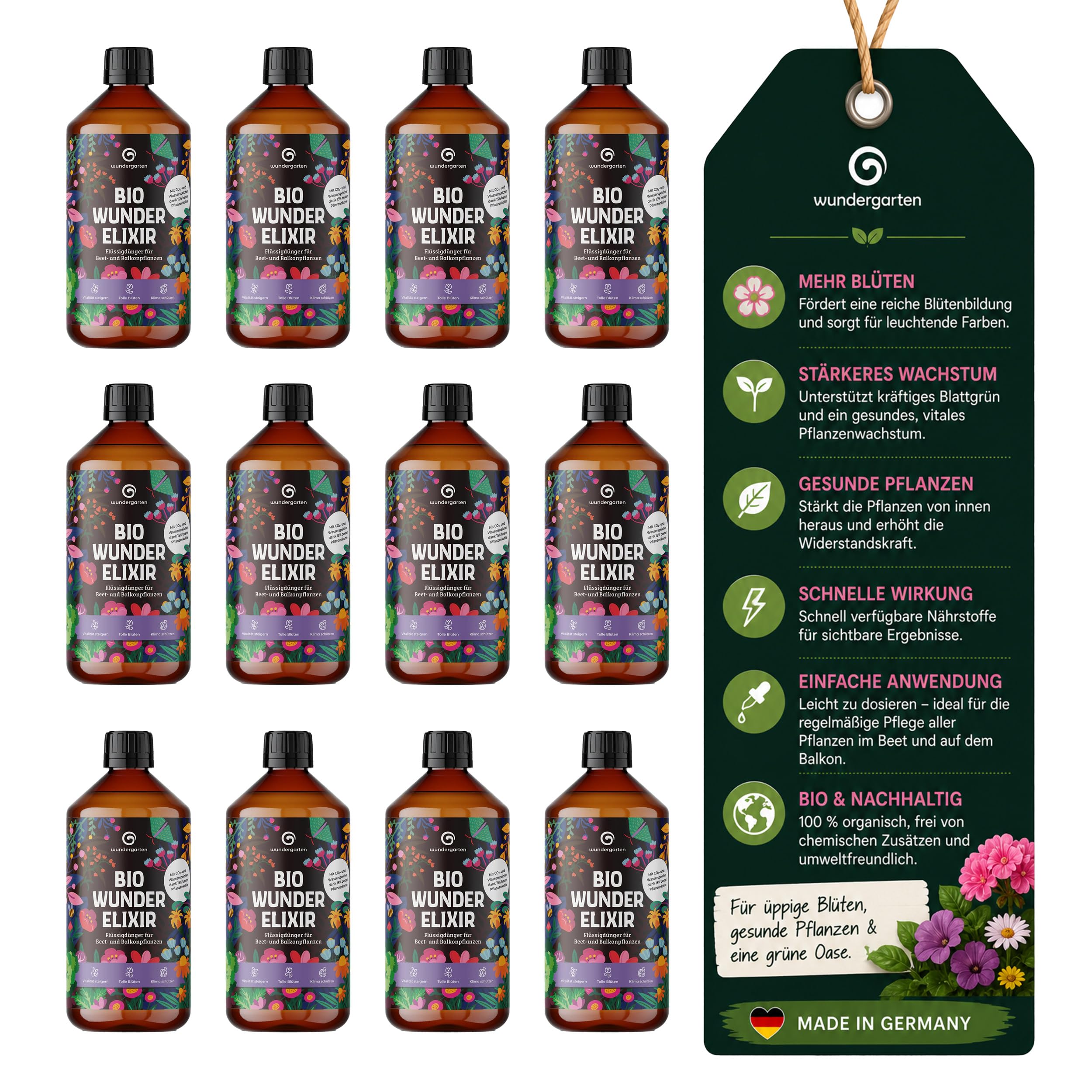 12x 500ml Bio Flüssigdünger Beet & Balkon – Wundergarten Wunderelixier – Mit Pflanzenkohle – Organischer Dünger für Blumen, Gemüse & Balkonpflanzen – Fördert Wachstum & Blüten