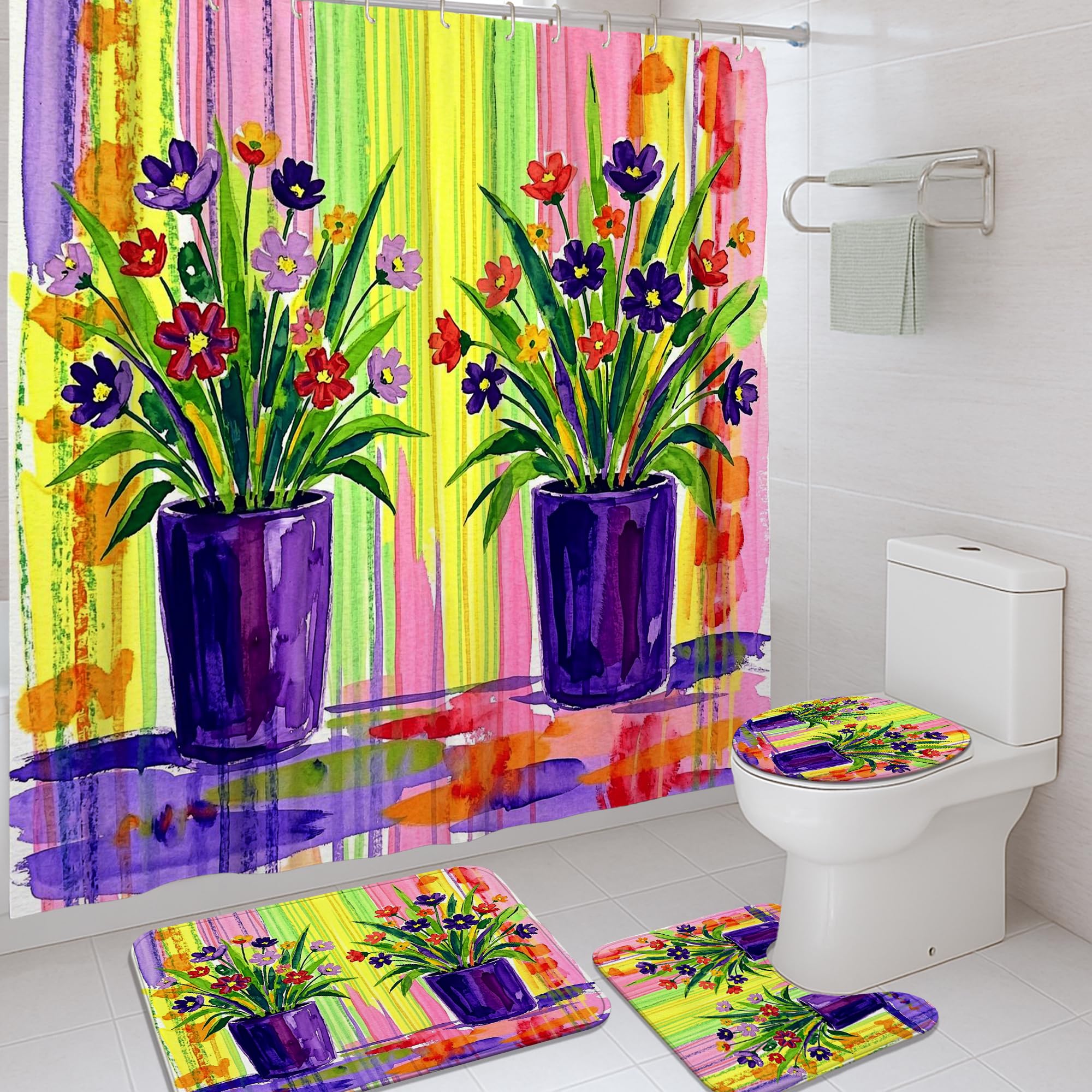 Ensemble de rideaux de douche en polyester motif fleur et tapis assortis pour salle de bain