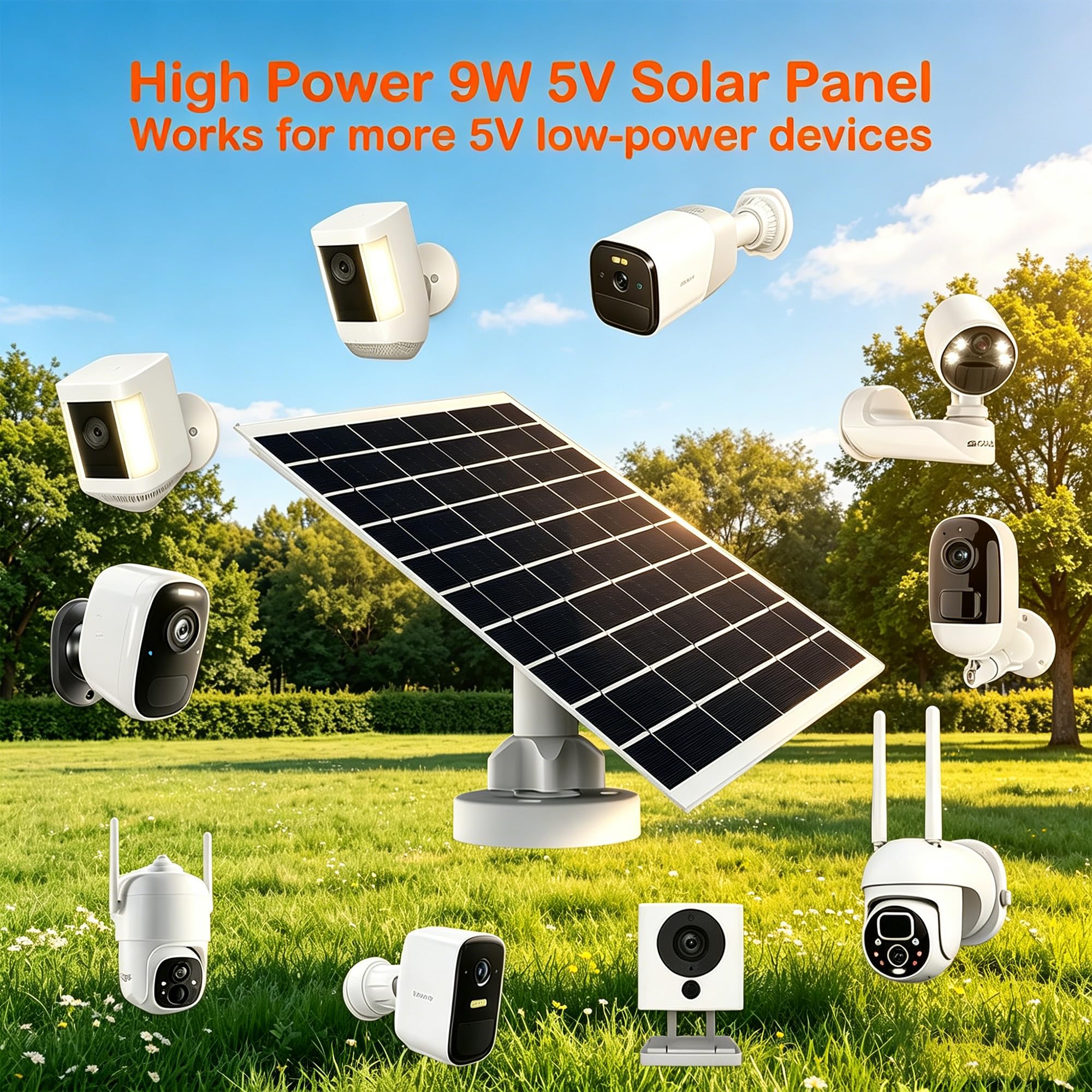 Panneau solaire 9W/5V pour caméra de sécurité avec câble de charge 3 en 1 de 3m (micro USB,connecteurs Type-C et DC3,5x1,35),étanchéité IP66,compatible avec les caméras à batterie faible