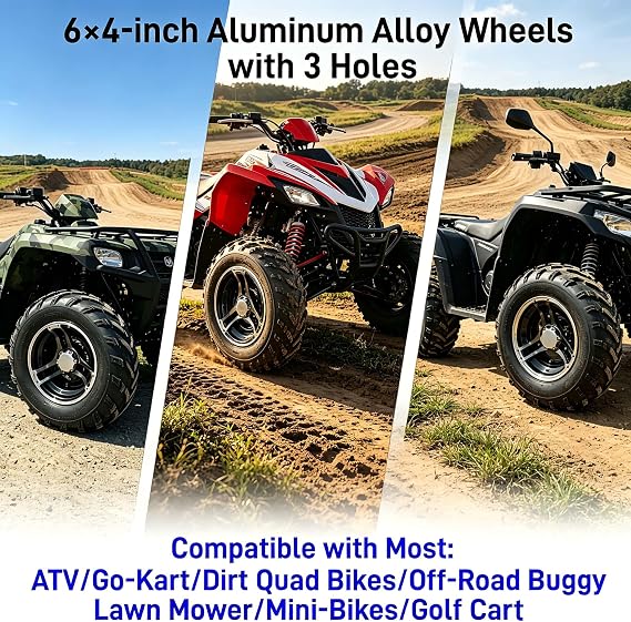 6 inch Aluminum Wheel with 3 Holes,10 Off set, Compatible with Most ATV Go Kart Lawn Mower Mini-bikes Golf Carts Aluminum Alloy Enhanced Traction Stylish Look, set of 4 (Machined/Black)