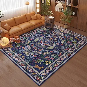 Living Room Rug 5x7 Rug Machine Washable Area Rug Floral Non-Slip Low Pile Large Rugs for Living Room, Bedroom, Farmhouse, Dining Room, Kids Playroom(Blue)