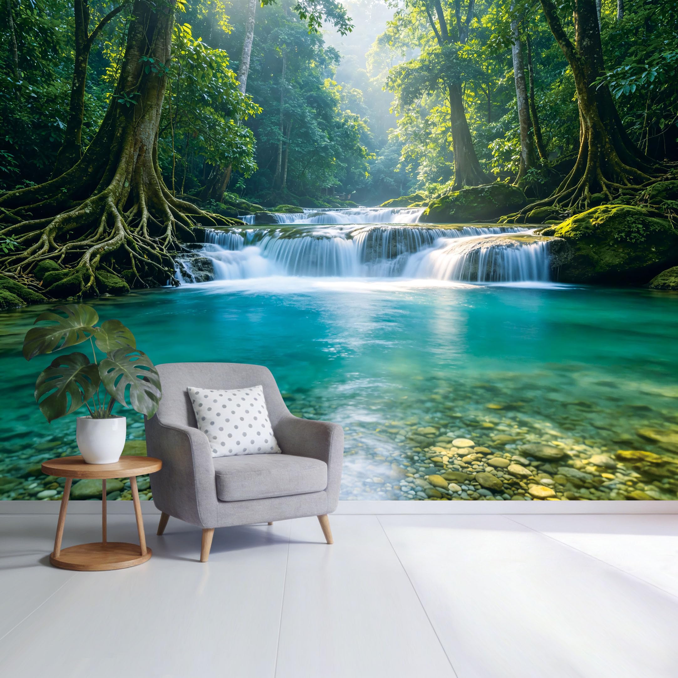 Custom Size Wall Mural Tropical Rainforest Waterfall Stream Landscape Removable Self Adhesive Fabric，Home Wall Decor for Living Room Bedroom Bathroom