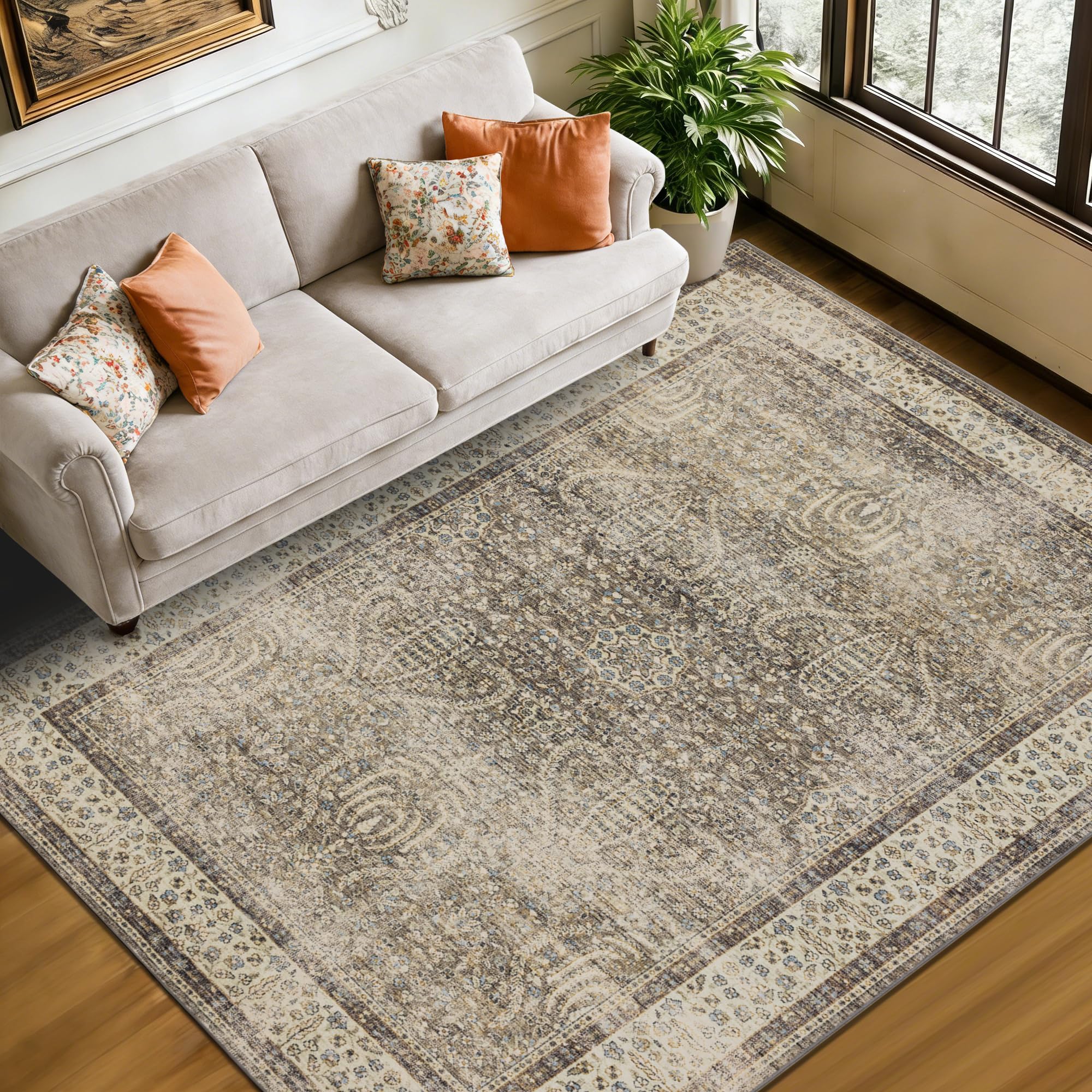 Photo 1 of Brown 5x7 Area Rugs for Living Room, Vintage Washable Rugs with Non-Slip Backing, Low Pile Retro Soft Carpet for Bedroom, Study Room, Home Office, Dining Room, Brown