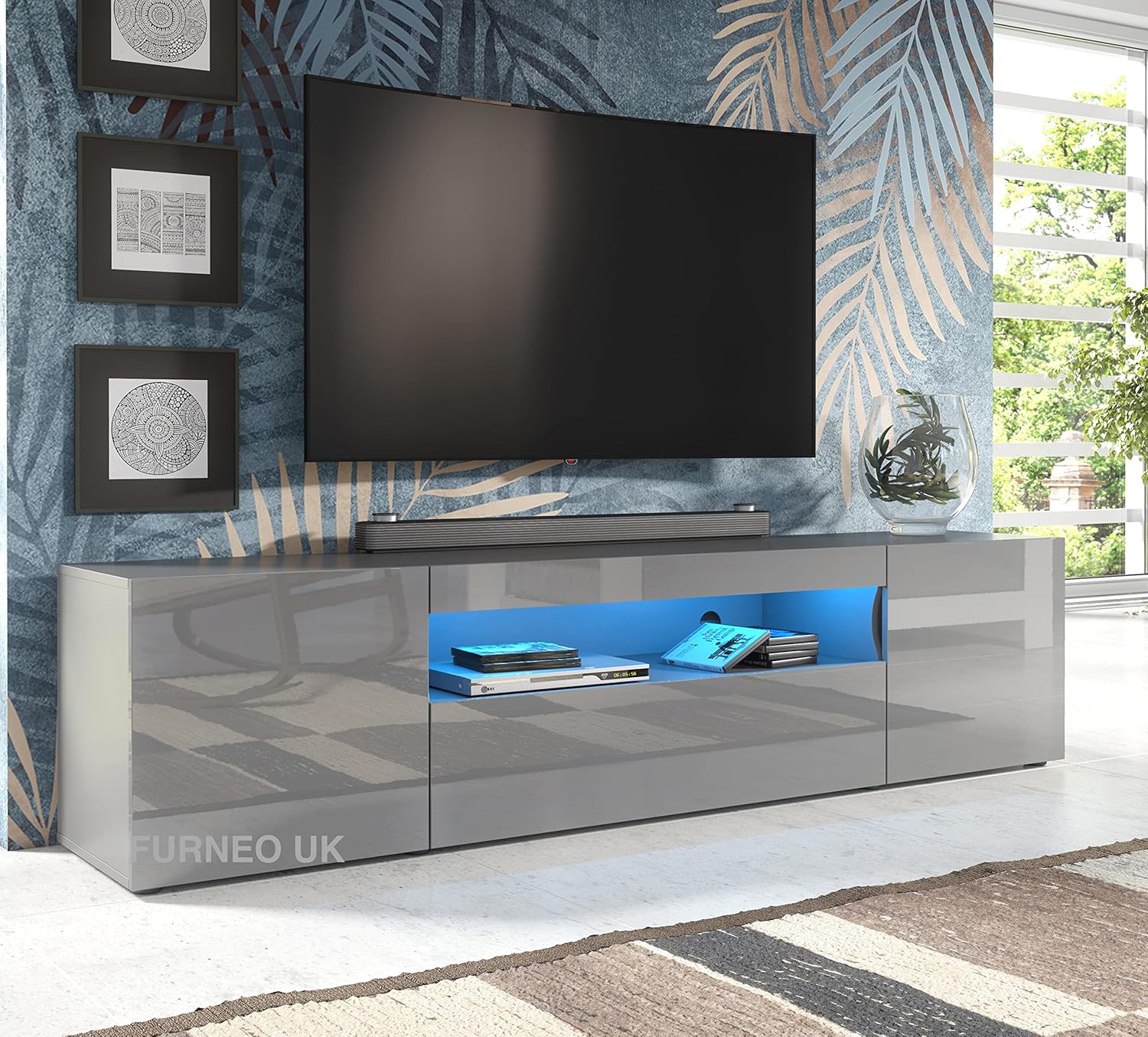 Furneo 200cm Long TV Stand Unit Matt & High Gloss Grey Clifton08G Blue LED Lights