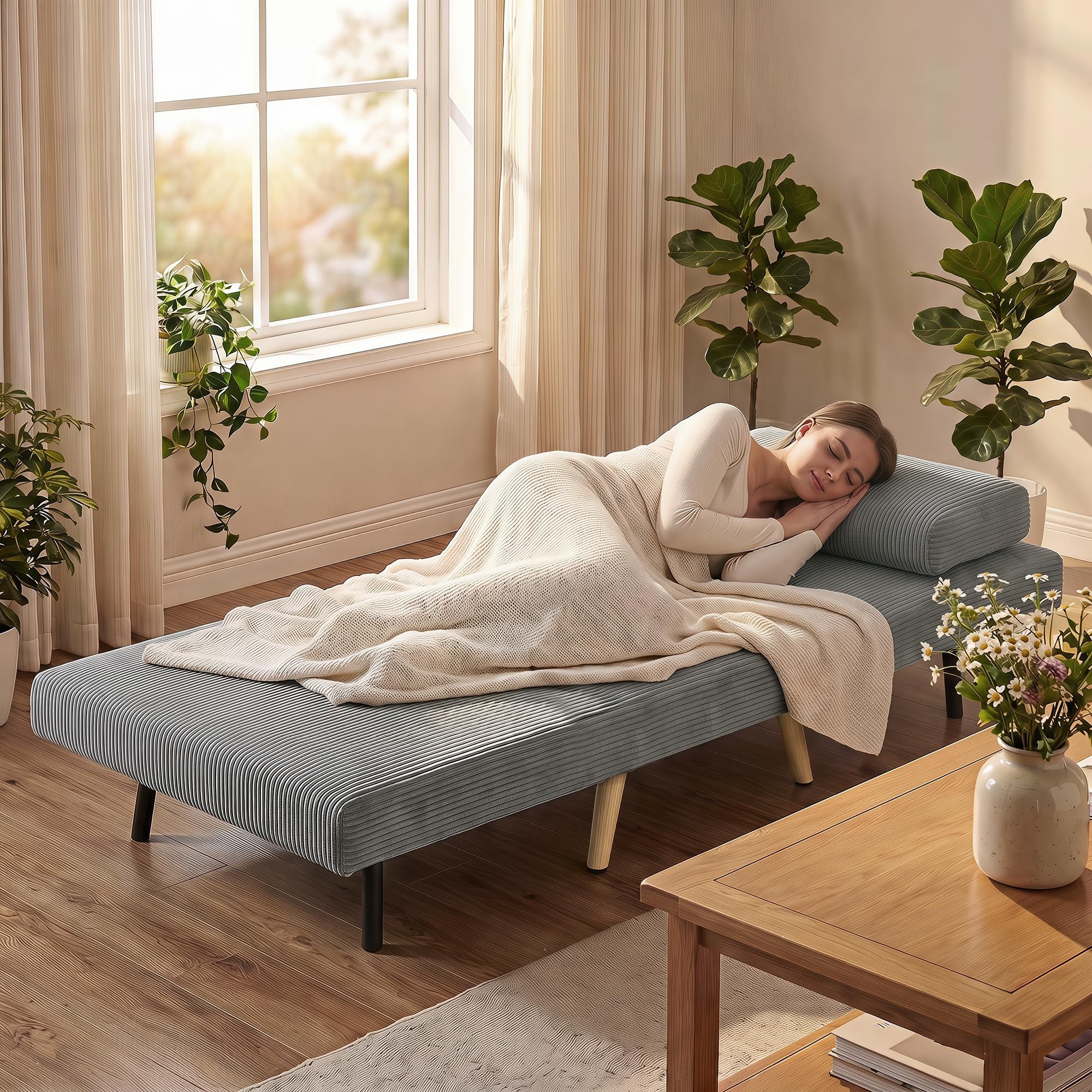 HOMCOM Fotel rozkładany 3 w 1, sztruksowy fotel z funkcją spania 90 x 190 cm, 6-stopniowe oparcie klik-klak, metalowe nogi, poduszka, ciemnoszary