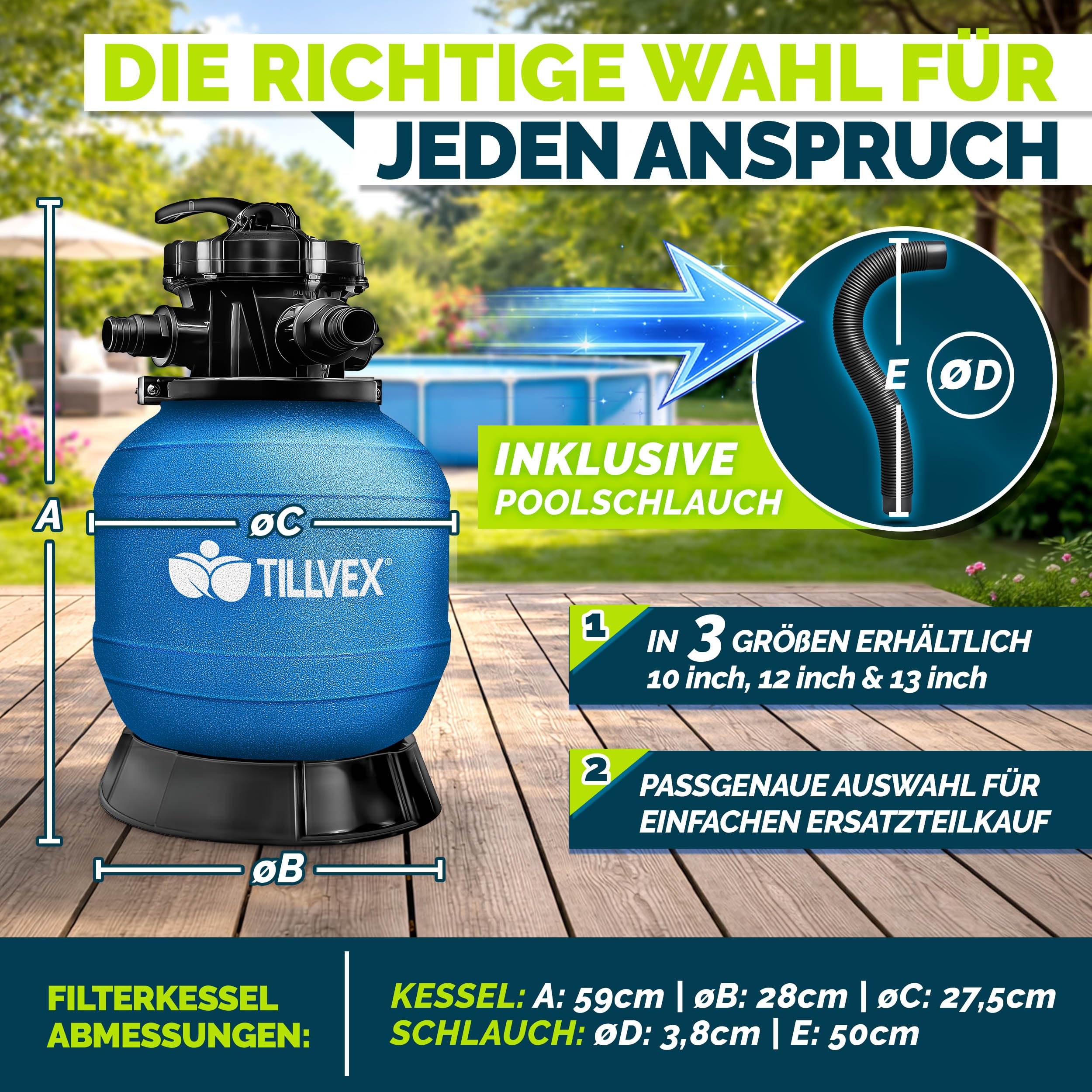 tillvex® Sandfilter Pool ohne Pumpe + Filterbälle | Filterkessel Poolfilter inkl. Adapter Ø32-38mm | Sandfilterkessel + 7-Wege-Ventil, Manometer & Saugschlauch (Blau, Bis 21 m³ (21.000 Liter) Pools)