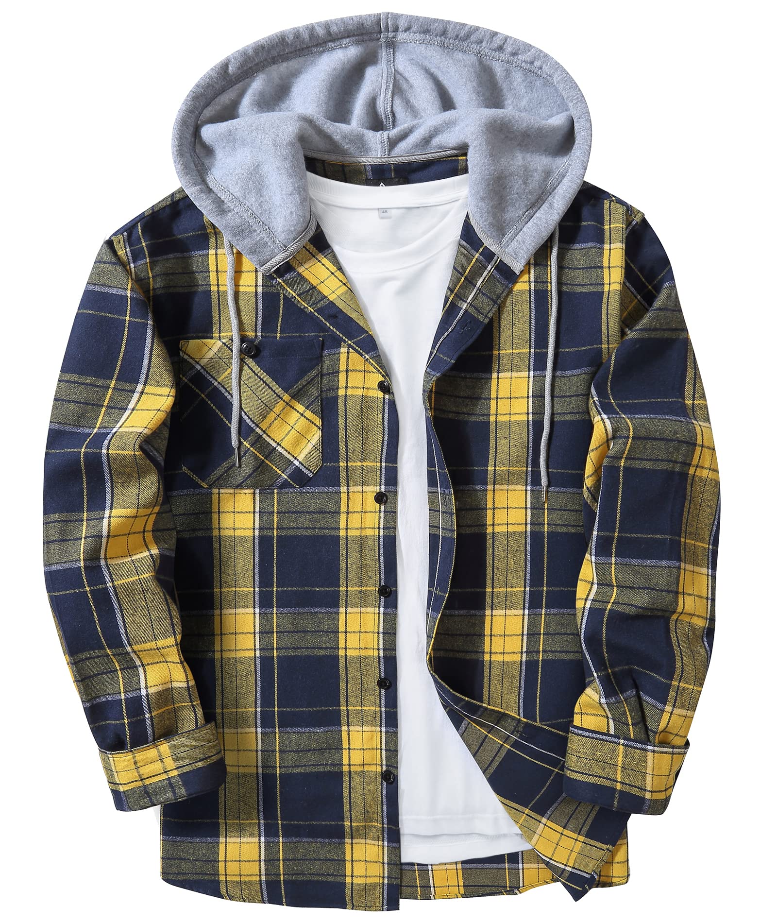 ZITY Men's Flannel Hoodie Shirts Casual Button Down Long Sleeve Plaid Shirt | Big Tall, with Pocket, Adjustable Cuffs, Machine Wash, Business,Work, Office, Vacation, Graduation, Wedding, Party, Daily