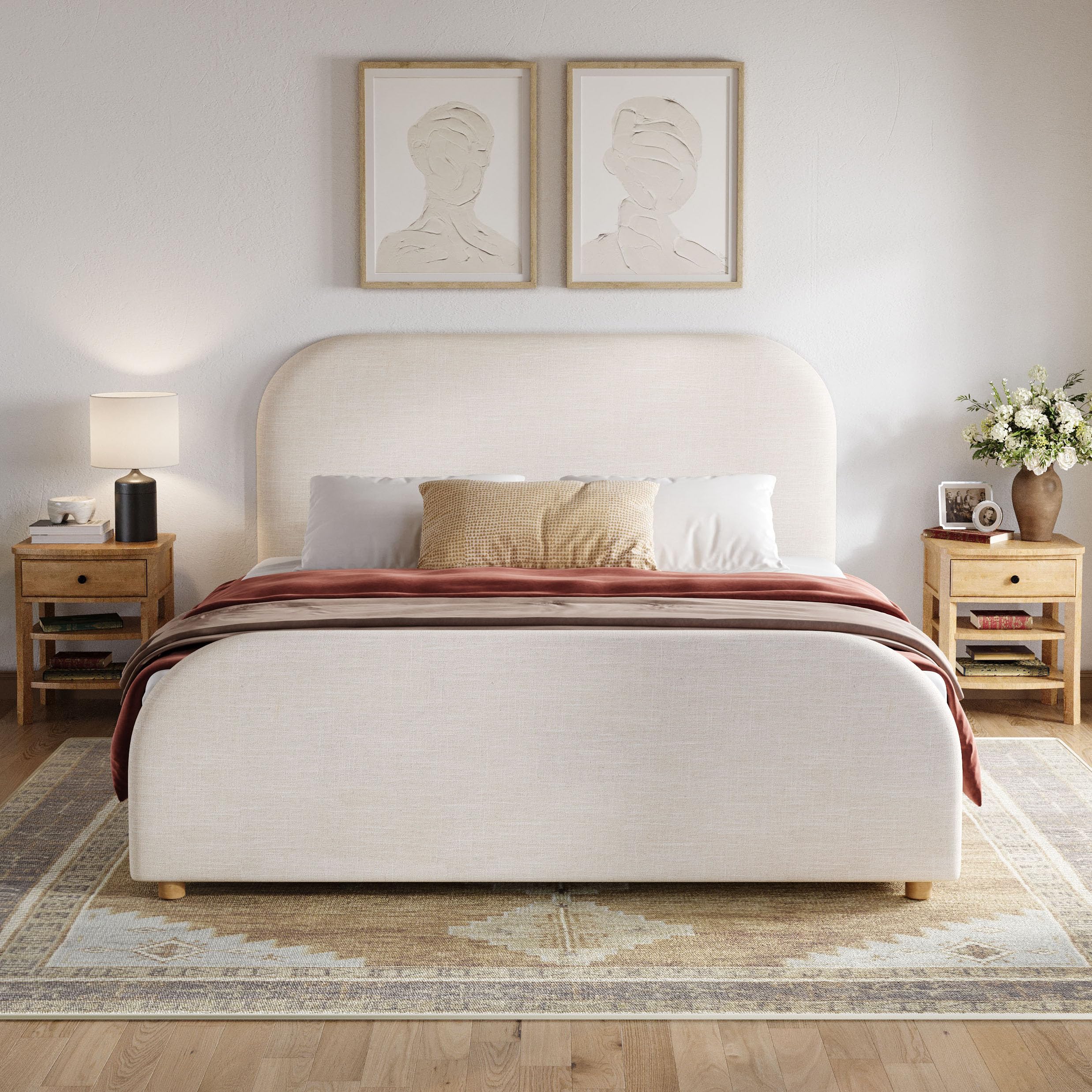 Photo 1 of Christopher Knight Home Lanet Linen Upholstered Queen Size Bed Frame with Headboard, Modern Queen Bed Frame and Headboard, Wooden Slats Support, Easy Assembly, No Box Spring Needed, Beige