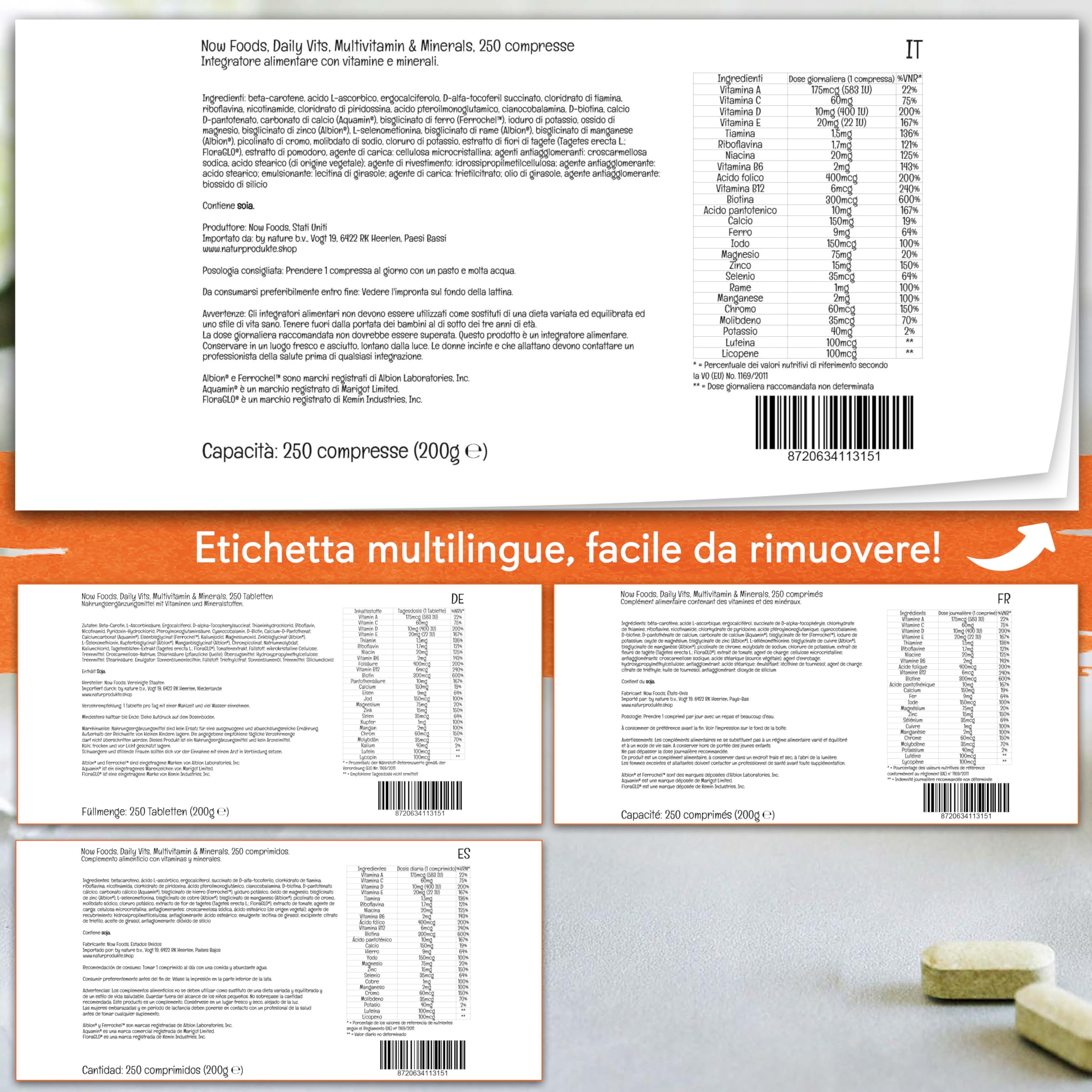 Now Foods, Daily Vits, Vitamine Quotidiane, Multivitaminico, 250 Compresse vegane, Testato in Laboratorio, Senza Glutine, Senza Soia, Vegetariano, non OGM