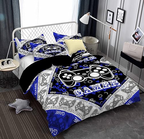 ESOVIO Vedio - Juego de ropa de cama con estampado de consola de videojuegos 3D para adolescentes y niños, funda de edredón de 3 piezas con funda de