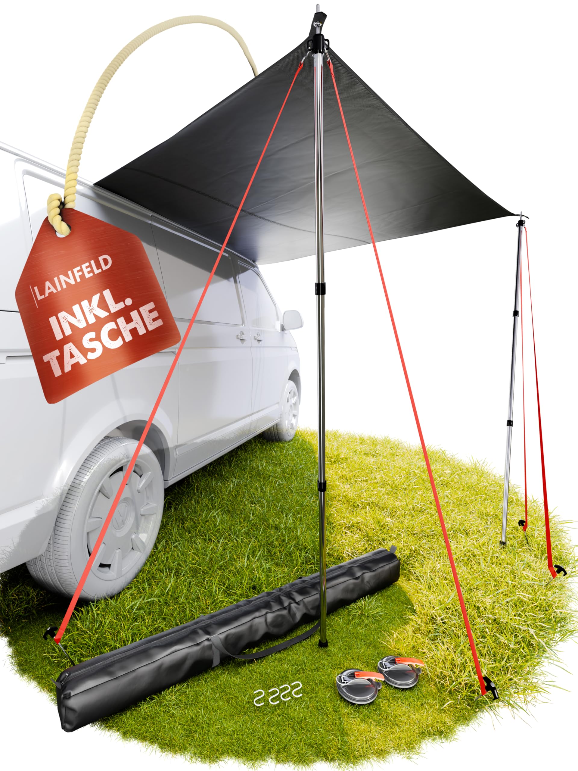 Sonnensegel für Wohnwagen & Bus (2,2 x 2,5 m) mit Keder – Inkl. 2 Teleskopstangen – Universelles Vorzelt & Markise für Auto & Camping