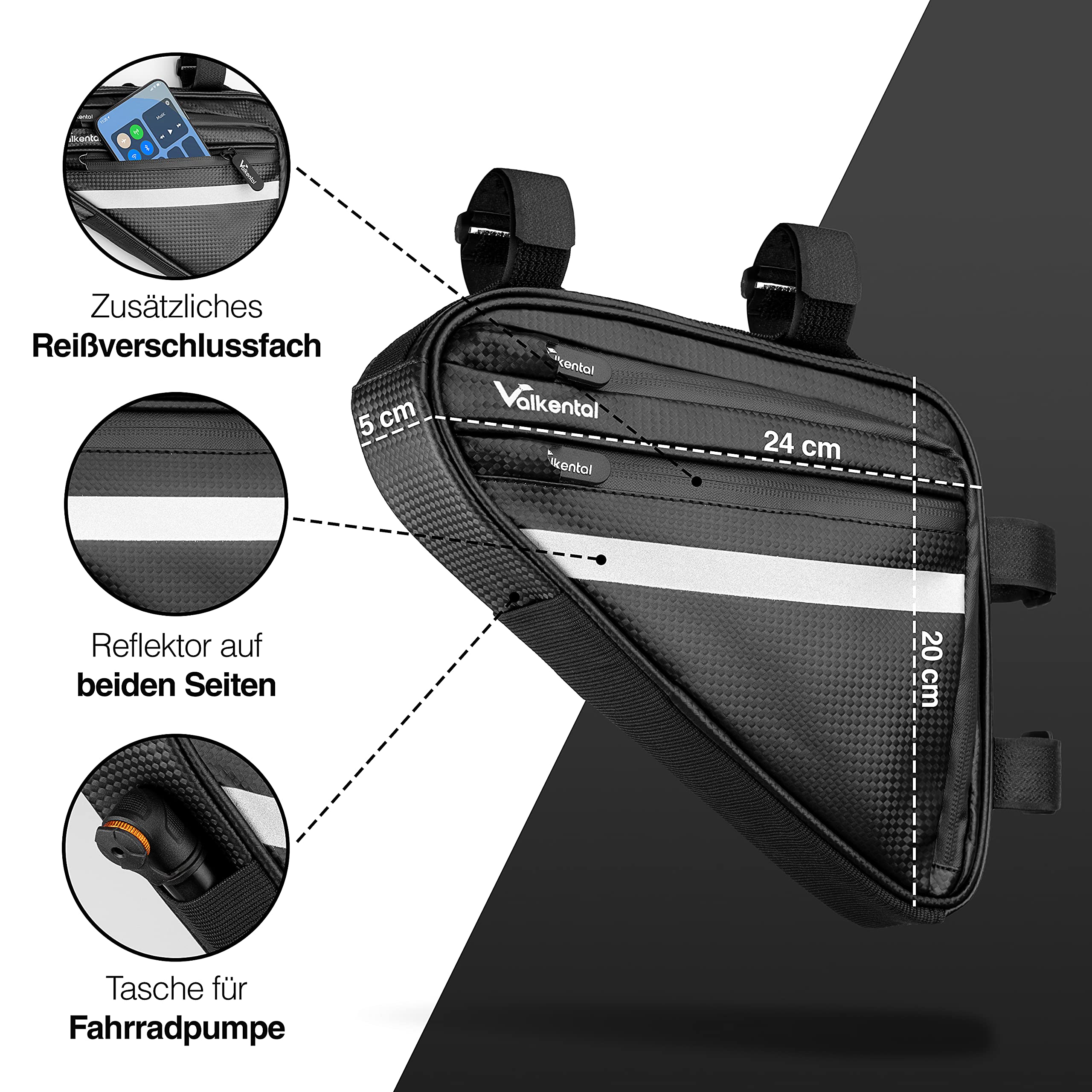Valkental - Wasserfeste Rahmentasche mit viel Platz - 1,5L Volumen - Fahrradtasche mit Reflektoren und Praktischen Fächern