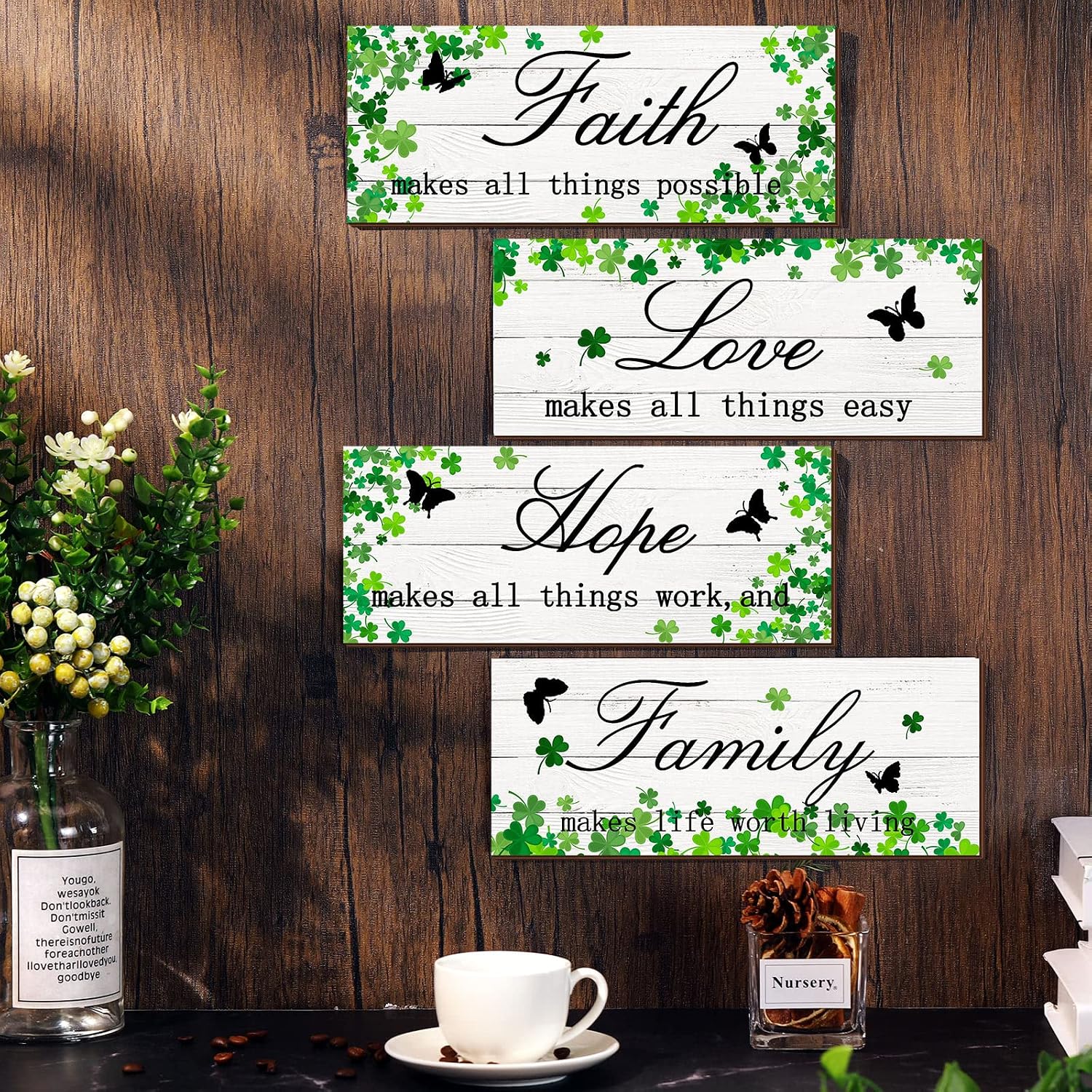 4 Pcs St Patricks Day Decor Irish Wall Sign Spring Hanging Plaque Inspirational Faith Hope Love Shamrocks Wooden Wall Art Rustic Farmhouse Home Living Room Decoration, 10 x 4 Inches(White)