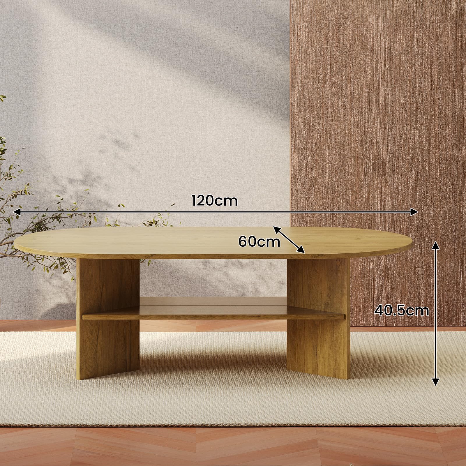 YOUDENOVA Stolik kawowy, owalny stolik pomocniczy, drewniany, nowoczesny stolik do salonu, stolik kawowy, mały stolik do salonu, naturalny dąb, 120 x 60 x 40 cm