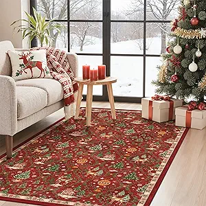 Madane Washable Christmas Rugs - 3x5 Non-Slip Lightweight Red Area Rug for Living Throw Small Soft Bedroom Rugs, Holiday Decor Carpet Accent Print Indoor Rug for Kitchen Dining Room