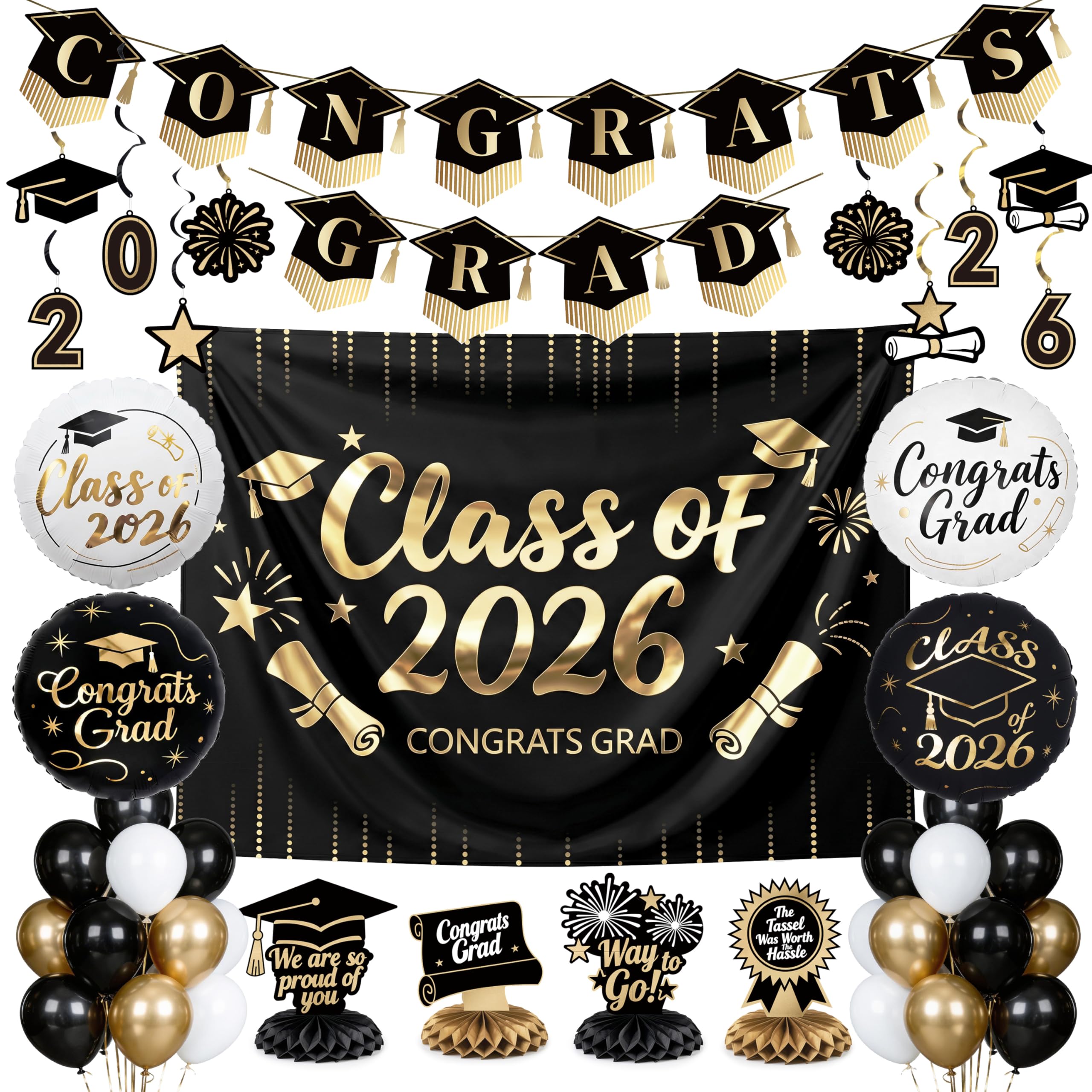 Graduation Decorations Class of 2026 Grad Party Supplies Set with Congrats Backdrop Banner Hanging Swirls Foil Latex Balloons Graduation Cap Centerpieces Party