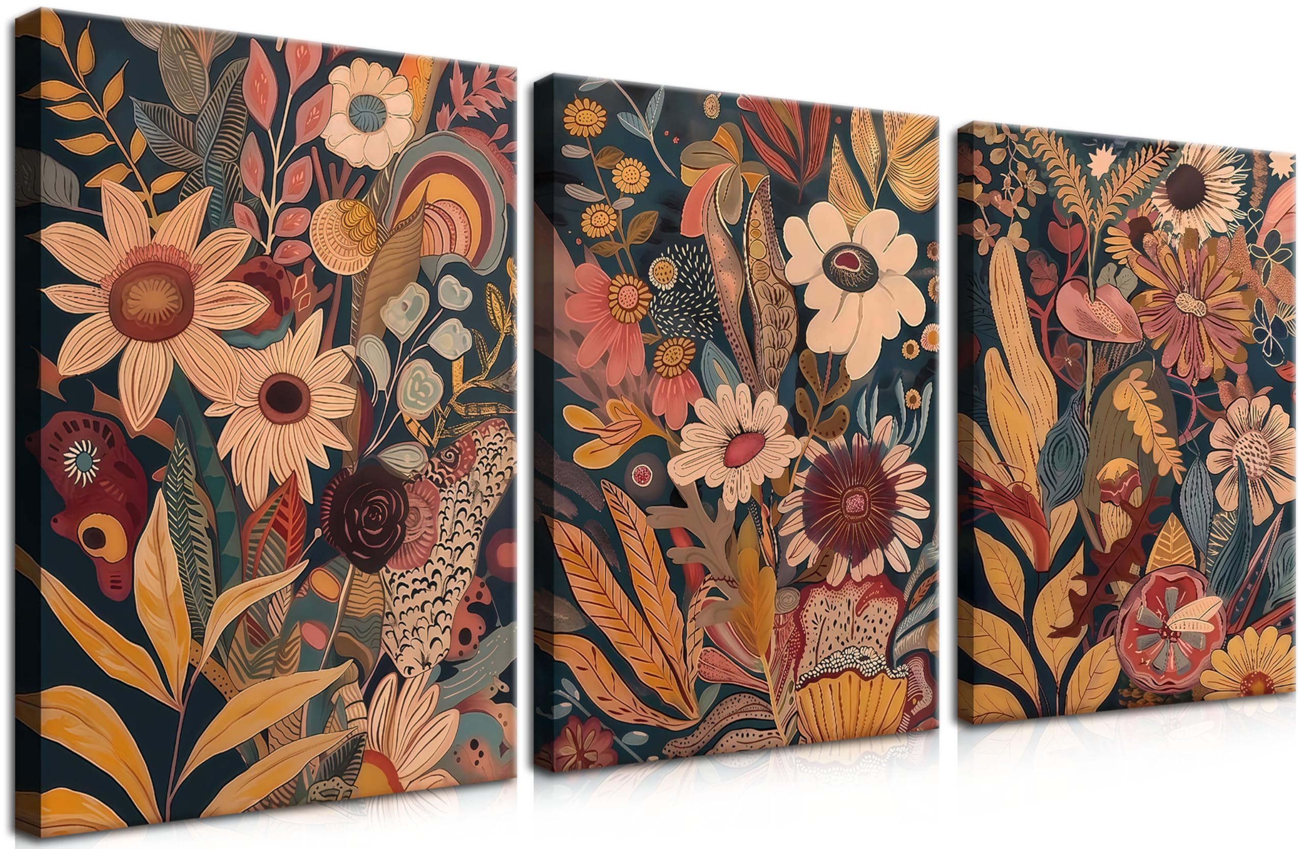 YHCTHT Modern Boho Flower Canvas Wall Art Set of 3 – Mid Century Orange Floral Wall Decor, Bohemian Blossom Artwork, Vintage Botanical Prints for