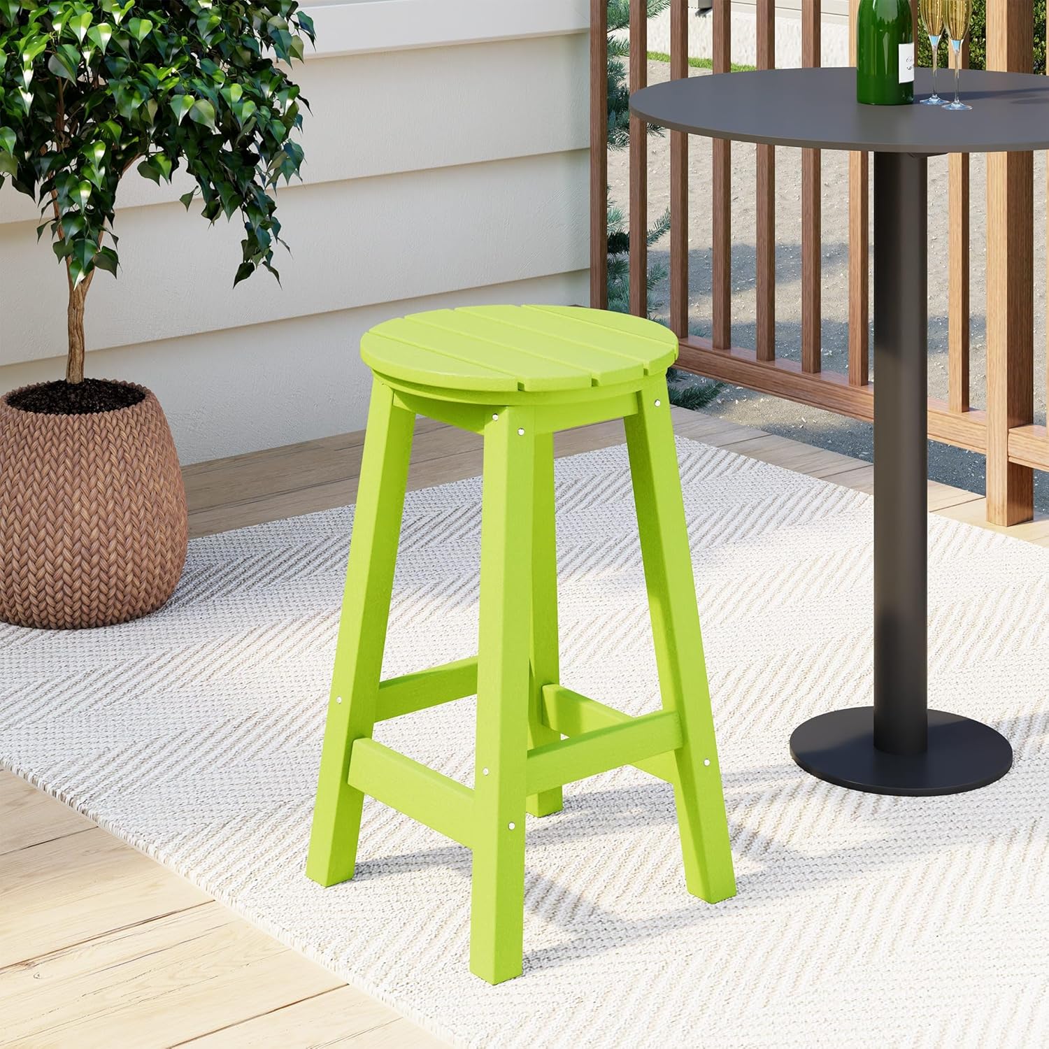 Costaelm 24" Height Outdoor Bar Stools, All-Weather Bar Stools, Adirondack Poly Patio Round Bar Stool for Patio, Deck, Kitchen Counter and Garden, Lime