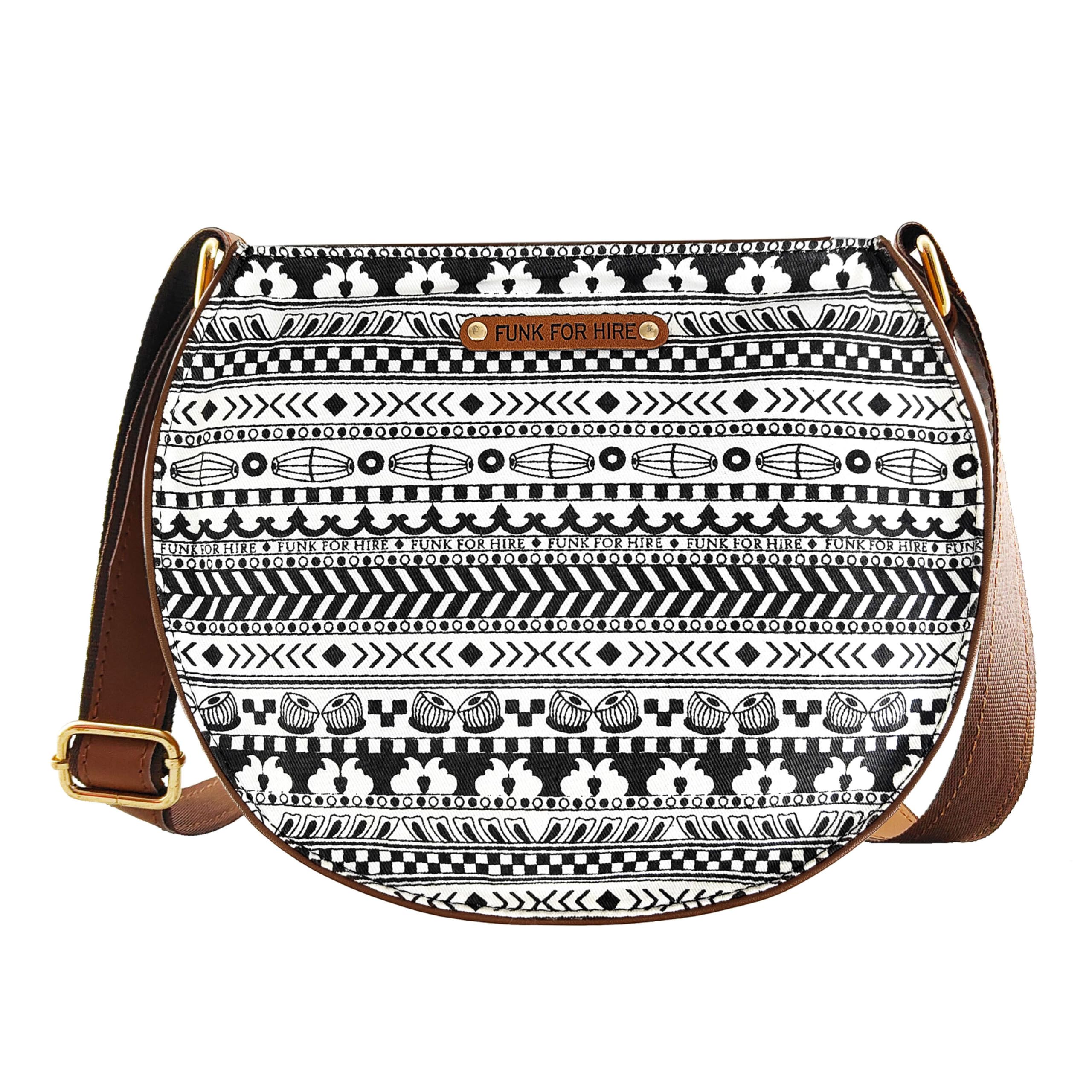Funk For Hire Women Printed Canvas Round Sling Crossbody bag - White, Black and Brown (B0D4F39JGT) Amazon Price History, Amazon Price Tracker