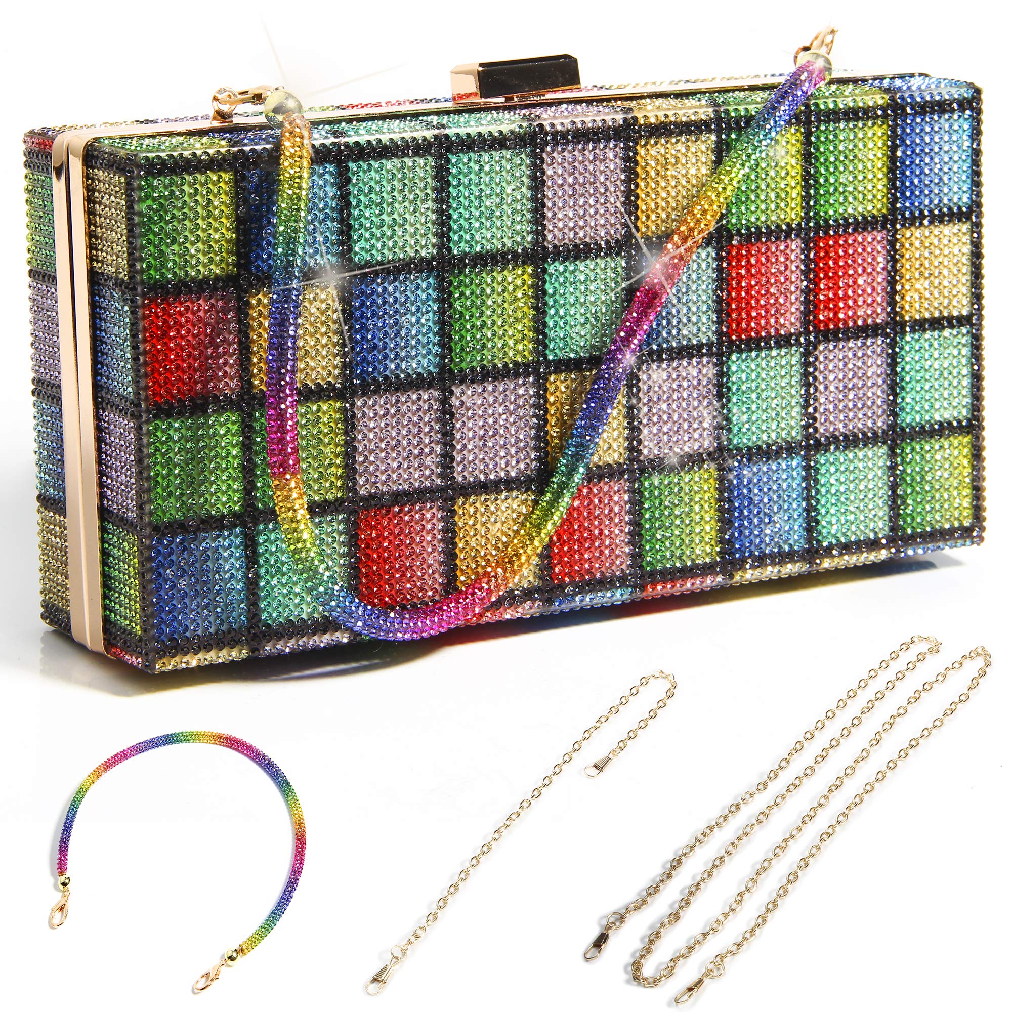 Women Rainbow Shine Clutch Purse, Rainbow Crystal Clutch Purses for Wedding Evening Party Handbag