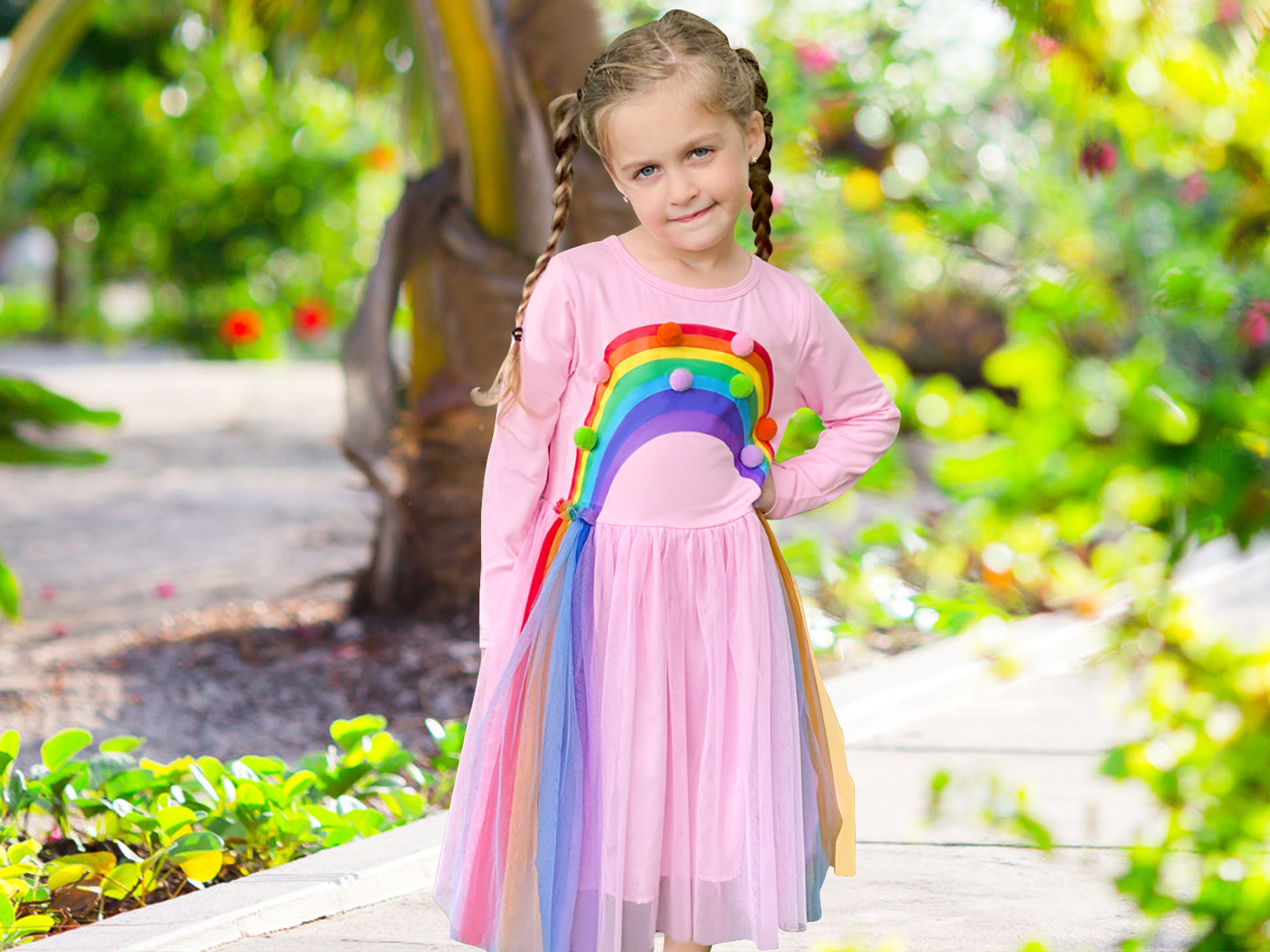 long sleeve rainbow dress Vieille Toddler 3T 4T Girls Fall Tulle Dresses Simple Satin Long Pink rainbow paneled skirt Soft Worsted SIZE:XXX-LARGE