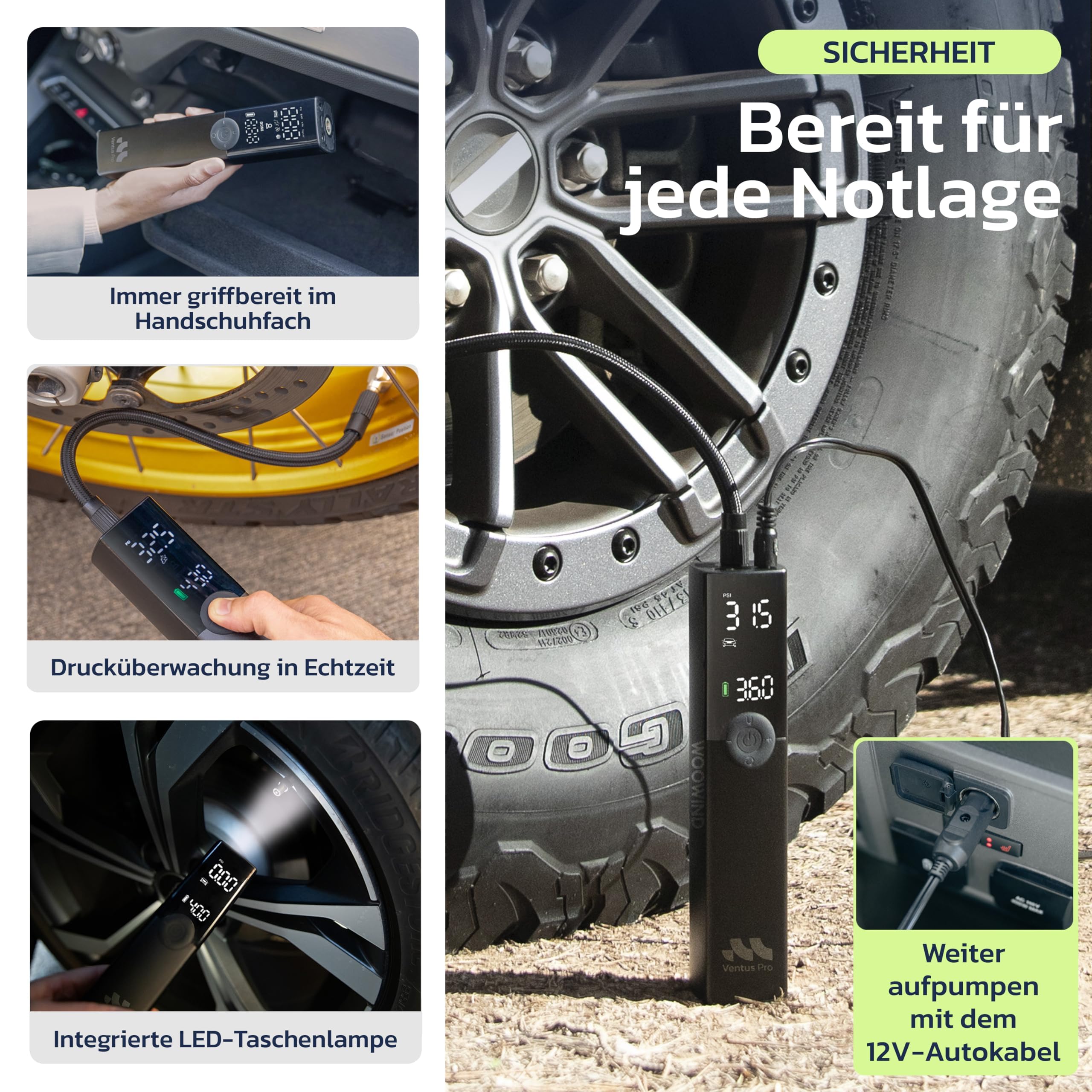 Woowind Ventus Pro Elektrische Luftpumpe, 150PSI/10,3Bar Akku Kompressor, 12V-Kabel für SUVs & Offroad-Reifen, Auto-Stopp