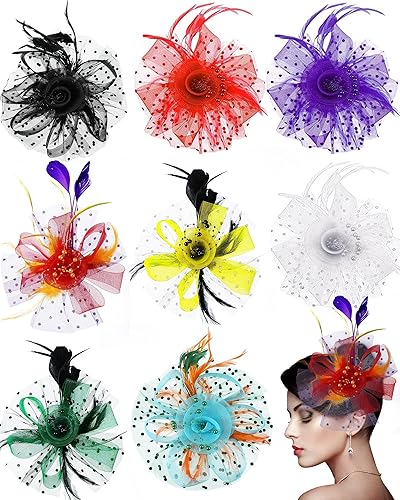 8 tocados, sombreros de fiesta de té para mujeres y niñas, sombrero de malla con plumas de flores para cóctel, fiesta, iglesia, boda, Navidad