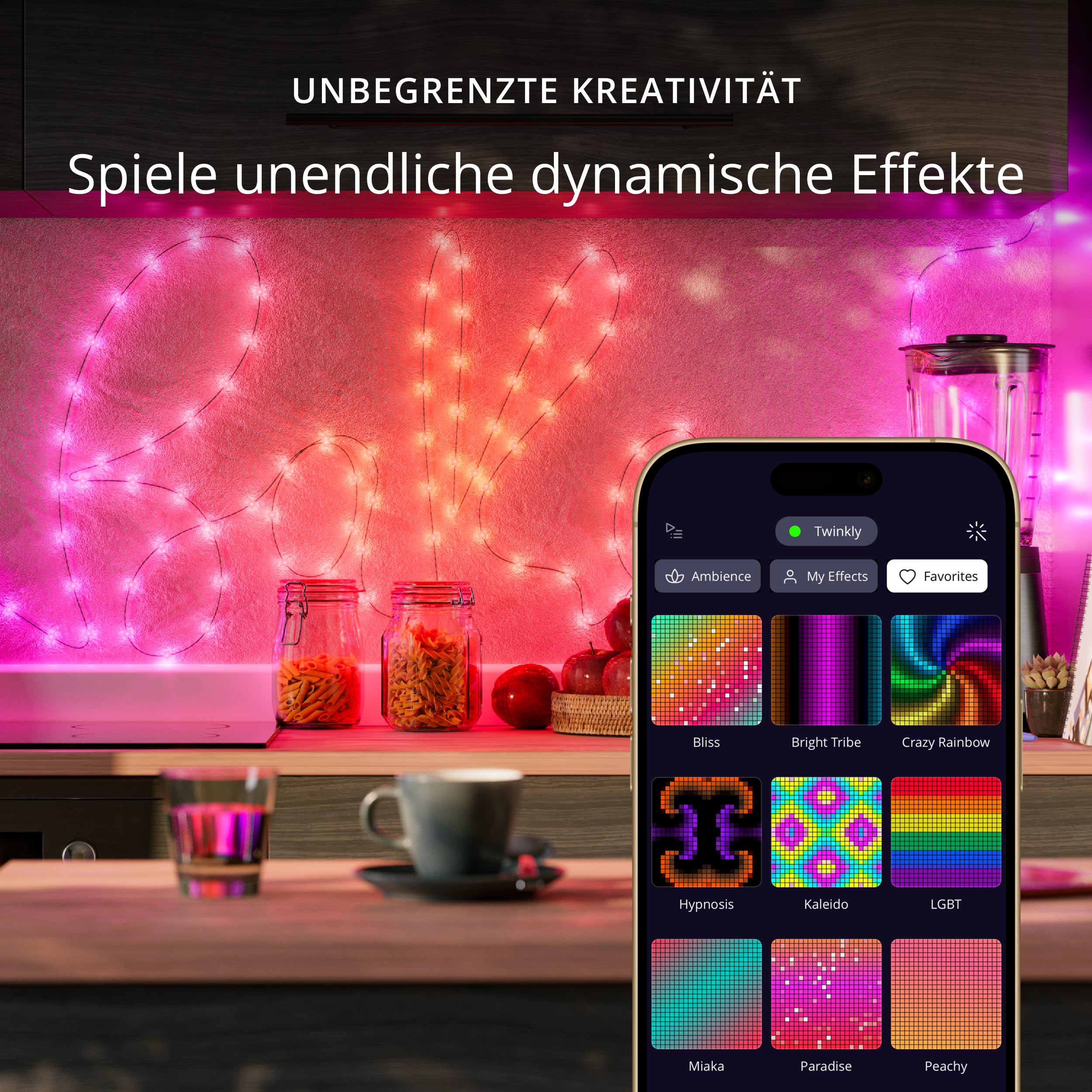 Twinkly Strings USB-C Star 200 LED, Sternförmige LED-Lichterkette, RGB LED-Lichter Mehrfarbig, Lichter zum Valentinstag, Kompatibel mit Alexa und Google Home, USB-C, Grünes Kabel, 12m