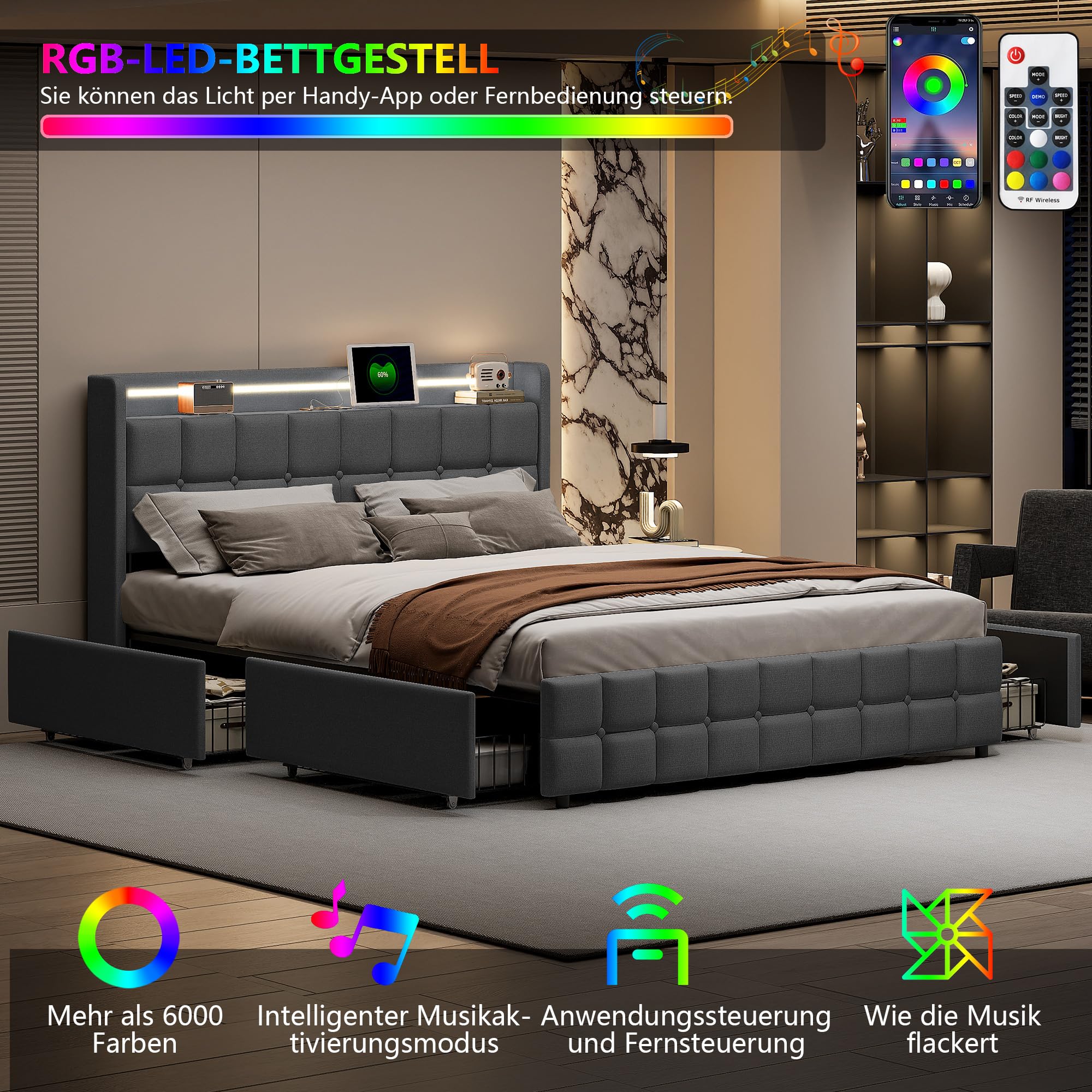CDQL Letto imbottito 160 x 200 cm con 4 cassetti, letto matrimoniale con illuminazione a LED e porta USB, struttura del letto con rete a doghe, letto per ragazzi, letto degli ospiti, in lino, grigio