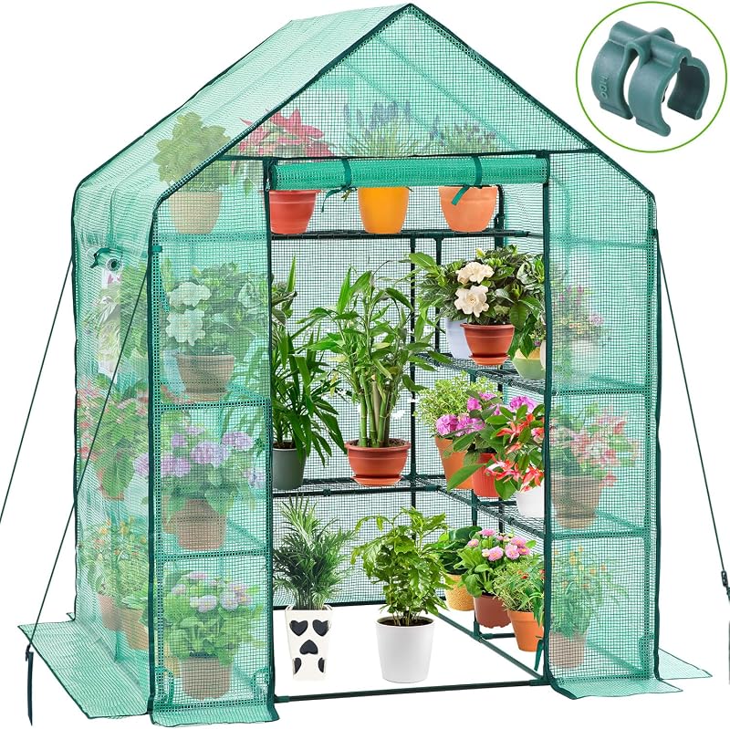 Invernadero para exteriores con ventanas mosquiteras, Ohuhu actualizado 4 niveles 11 estantes invernaderos con cubierta de PE duradera, invernadero de plástico para jardín exterior con estacas y cuerdas para estabilidad