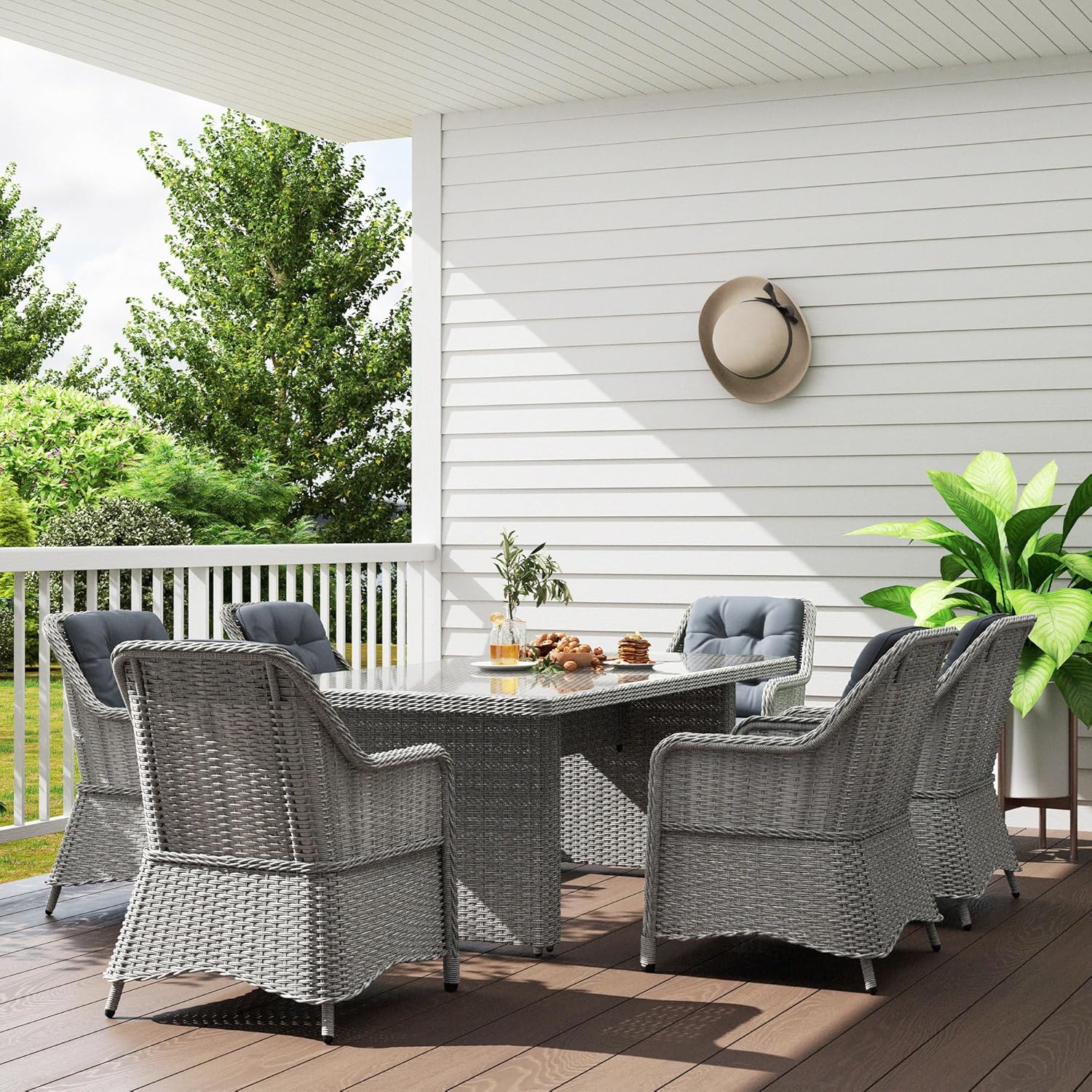 Outsunny 6 Seater Rattan Dining Set, Round PE Rattan Garden Furniture Set with Seat and Back Cushions, Aluminium Outdoor Dining Table and Chairs with 6 Armchairs, Rectangular... - Image 6